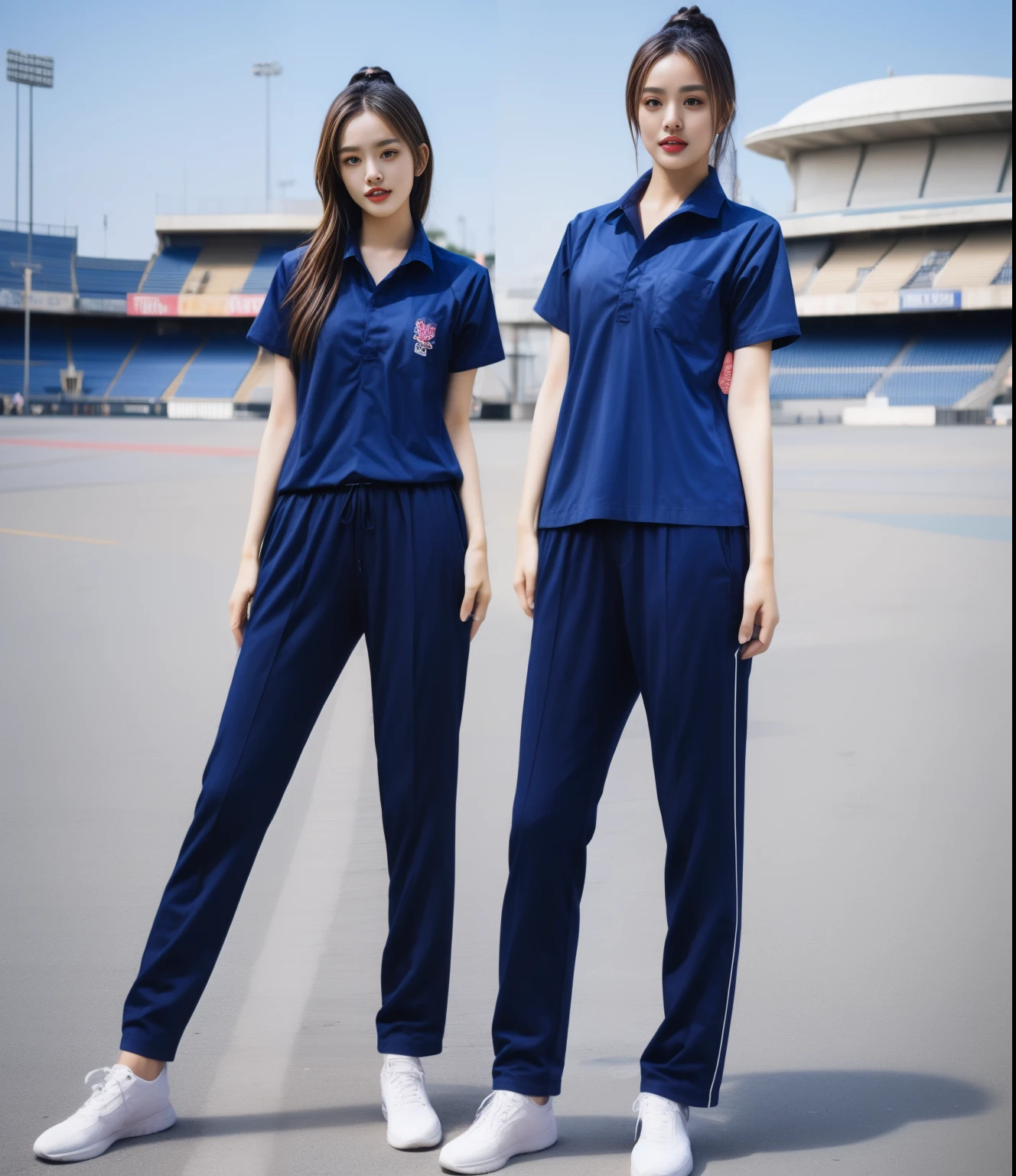 (bestquality,10,10,highres,masterpiece:1.2),ultra-detail,(Realistic,photorealistic portrait,photo-realistic:1.37),1 Cute girl in the football field,oily shiny skin,bara,light smile,BDclothes,((blue shirt:1.3)),short sleeves,shirt, trousers.,(navy_long_Pants Track:1.1), ((Stadium Background:1.3)),dynamic angle,excited,face focus,Dynamic Poses,from behide,Ass Focus,masterpiece, bestquality, ultra realistic, hyper-detail, 8k resolution, RAW photo, crisp focus, ((Navy blue shirt:1.1)), short sleeves, Long Path, Perfect body, 2 mature women, 18yo, cinematic light,Blue sweatpants,Gymware,Correct anatomy,Complete body, Correct body, sharp face, Anatomically correct body, full entire body, Realistic gestures, long-haired, Realistic poses,Wear long shorts.......................,Long leg span,Shapely,Sculpting Girl, Slender Figure, mannequin mannequins, Shapely, Beautiful body,Blue sweatpants, Two girls kissing