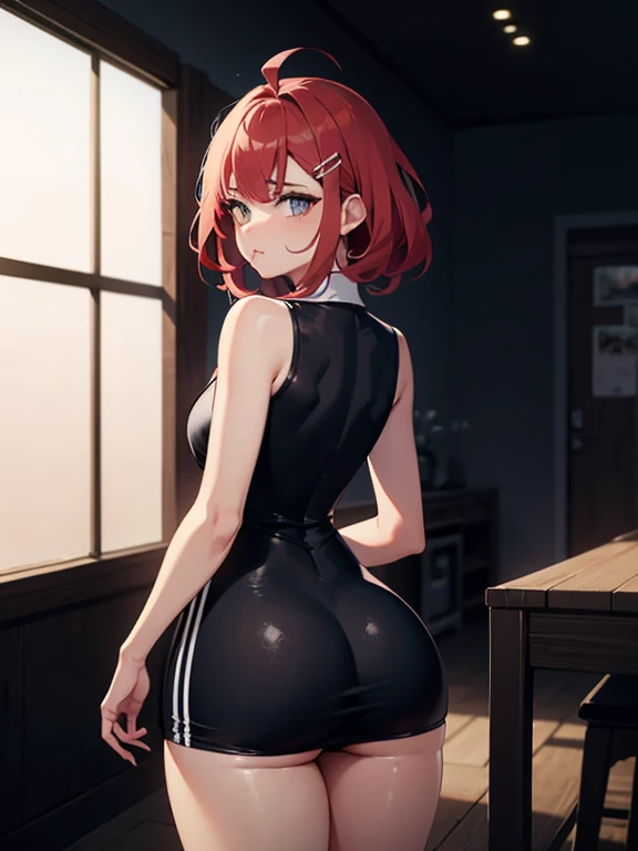 Thicc ass, red hair, asymmetrical hair, hairclip, hair tie, half-closed eye, pout, anime, cinematic lighting, glowing light, first-person view, from behind, 8k, super detail, super detail, high quality, best quality, trefoil,