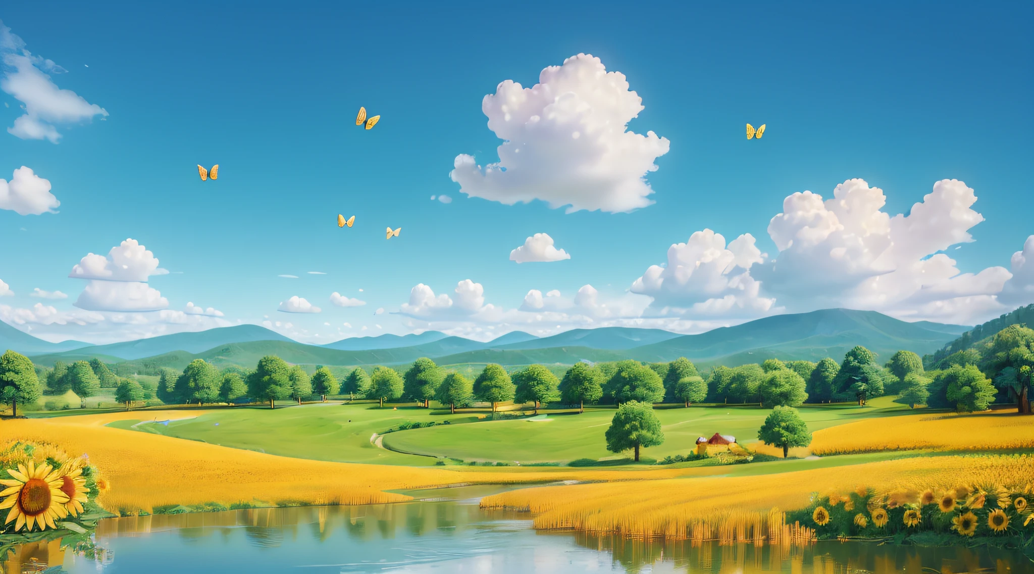 (best quality,4k,8k,highres,masterpiece:1.2),ultra-detailed,(realistic,photorealistic,photo-realistic:1.37),blue sky landscape,beautiful pixar style,happy,scenic view,golden sunlight beams,vibrant colors,puffy white clouds,peaceful atmosphere,rolling hills,majestic mountains,serene lake with reflections,cute fluffy animals exploring,happy people enjoying the outdoors,whimsical trees with unique shapes,endless horizon,sparkling water,soft breeze,sunflowers in bloom,lively butterflies flying around,joyful laughter and smiles,enchanted forest,delightful music in the air,blissful harmony.