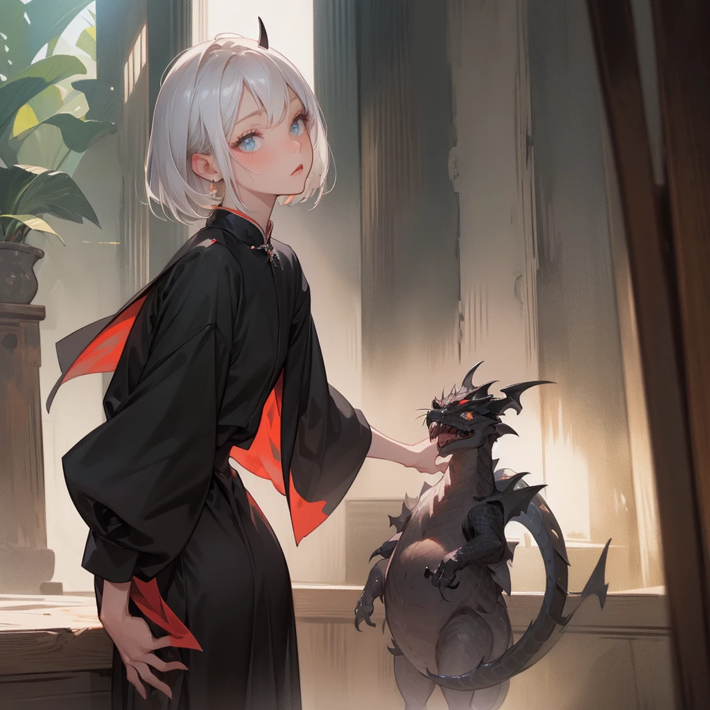 (melhor qualidade: 1.0), (super high res: 1.0), 1girl, personagem extremamente detalhado, detailed hands, Half-dragon girl, chifres, Dragon horns, Girl with black dragon tail, Black dragon tail, Cabelo extremamente detalhado, cabelo curto, ((short hair)), ((cabelos brancos)), ((mechas da cor preta)), olhos extremamente detalhados, olho com cores diferentes, Heterocromia, Olho direito de cor branca, Olho esquerdo de cor preta, dragon eyes, 2D, Arte de Anime, ((barnet)), ((corpo inteiro)), standing on her feet, medieval, RPG, pequena, (baixa), (Altura Pequena), peitos pequenos, (adolescente), olhar morto, grim expression, preocupado, look of tiredness, camisa de manga comprida, Black jacket, brincos de estrela + Branco, medieval chinese dress + preto, pantyhose + black + white, salto alto, capa preta
