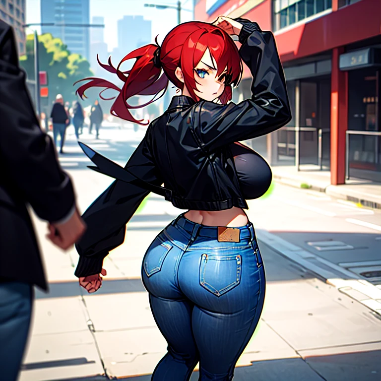 1girl, solo, detailed face, detailed eyes, red hair, long ponytail, white eye, serious, eyepatch, standing, huge breasts, huge ass, wide hips, black jacket, jeans, arched back, ass focus, outdoors, city