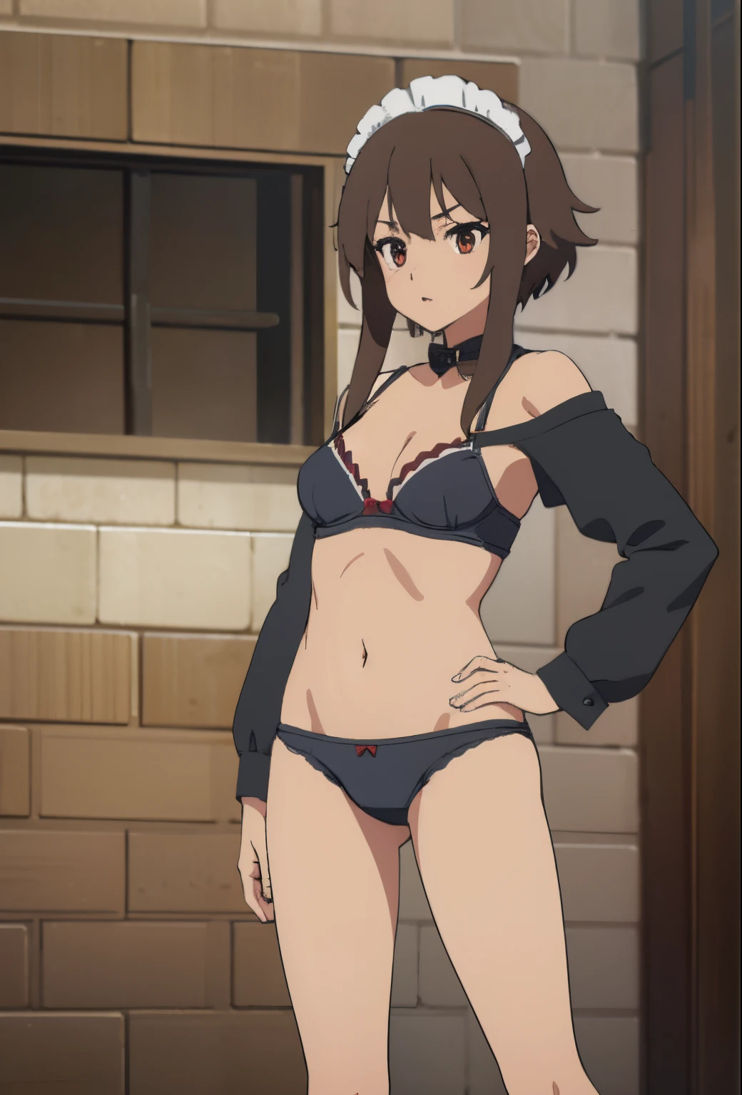 (beste-Qualit, 8K, 12), 1 girl, (megumin), brown hair, the perfect body, ultra detail face, detailed lips, (((very small boobs))), red eyes, cleavage, looking at viewer, off shoulders, panties, thighs, ((bra)), standing, hands on waist, strap, cowbot shot, abdomen, ( no pants), ((maid outfit))