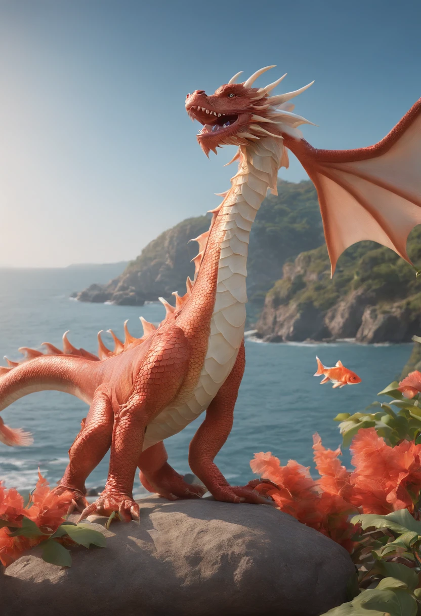 movie picture quality，style of disney animation，A dragon plays games in the sea with a koi carp in its arms，Glass bottle，glass in sky，Chinese dragon anthropomorphic image，red colour，depth of fields，to emphasize，Real light，ray traycing，oc rendered，hyper realisitc，Best quality，8K，Works of masters，ultradetailed，Correct anatomy，Eyes in focus，bokeh，Facial features are carefully drawn