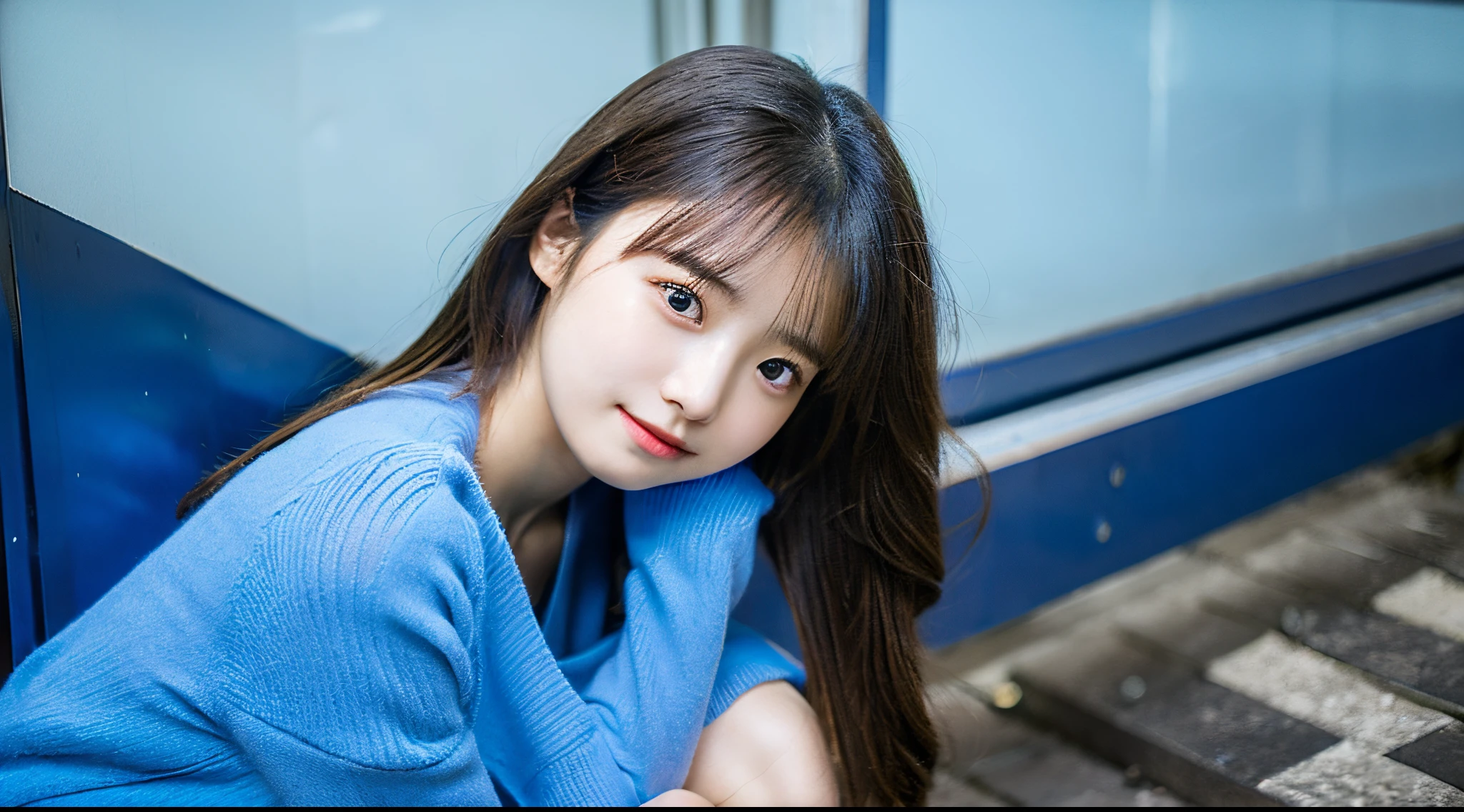 Cute hostess 18 years old wearing a blue miniskirt