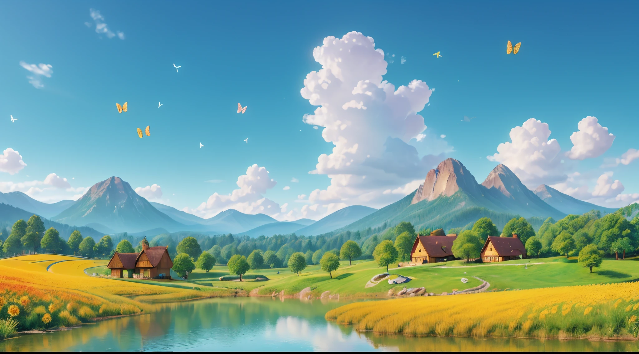 (best quality,4k,8k,highres,masterpiece:1.2),ultra-detailed,(realistic,photorealistic,photo-realistic:1.37),blue sky landscape,beautiful pixar style,happy,scenic view,golden sunlight beams,vibrant colors,puffy white clouds,peaceful atmosphere,rolling hills,majestic mountains,serene lake with reflections,cute fluffy animals exploring,happy people enjoying the outdoors,whimsical trees with unique shapes,endless horizon,sparkling water,soft breeze,sunflowers in bloom,lively butterflies flying around,joyful laughter and smiles,enchanted forest,delightful music in the air,blissful harmony.