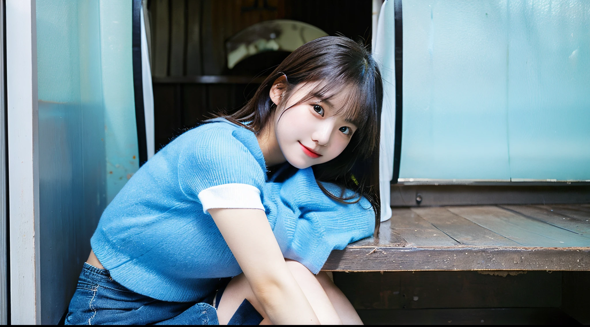 Cute hostess 18 years old wearing a blue miniskirt