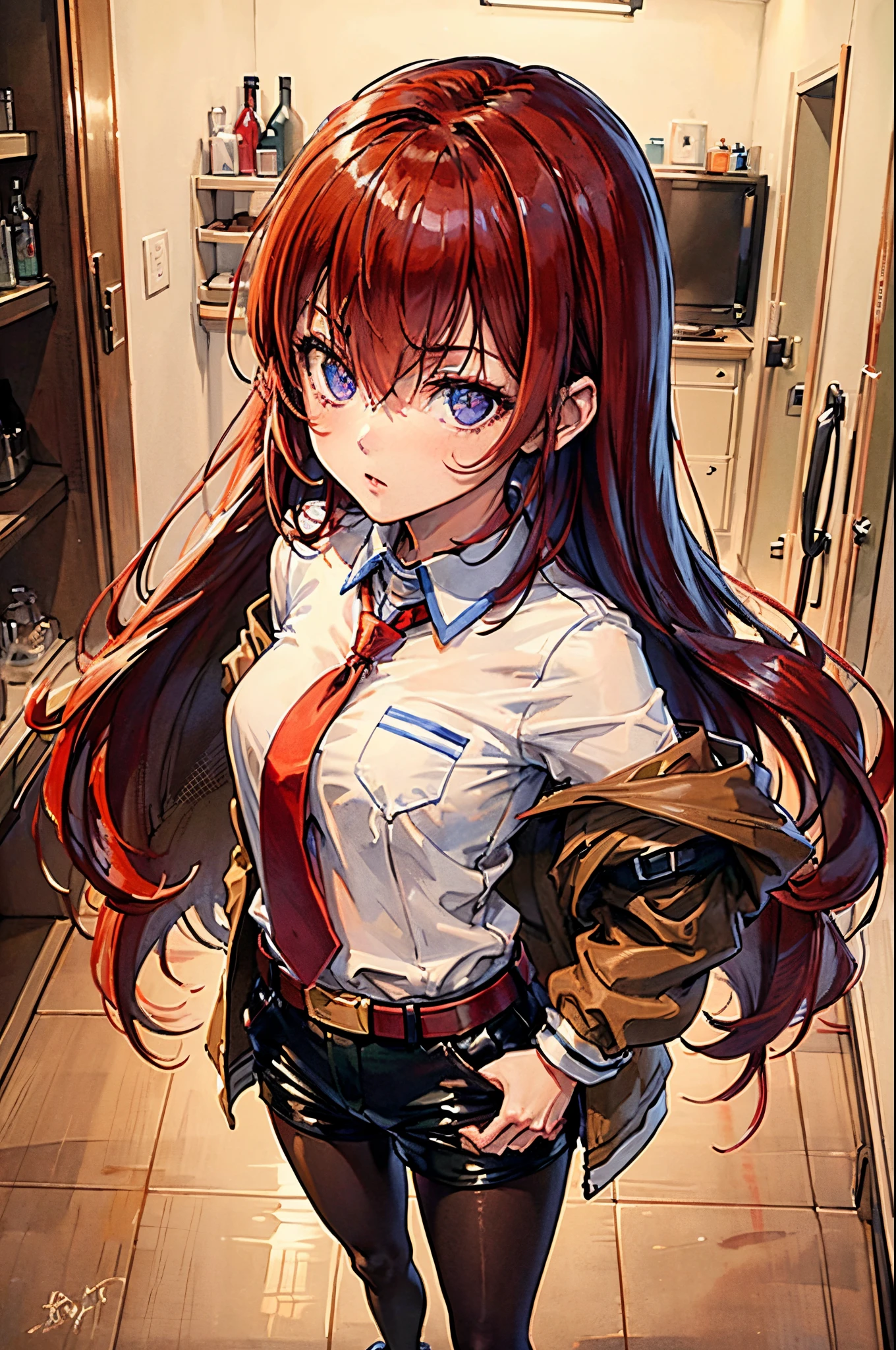 from above, ((masterpiece), (best quality), ultra high res, 1girl, long hair, (red hair:1.5), long hair, eyes visible through hair, bangs, hair between eyes, blue eyes, purple eyes, shorts, pantyhose, jacket, shirt, red necktie, necktie, belt, white shirt, legwear under shorts, brown jacket, short shorts, long sleeves, black pantyhose, room, lab, portrait, looking at the viewer,