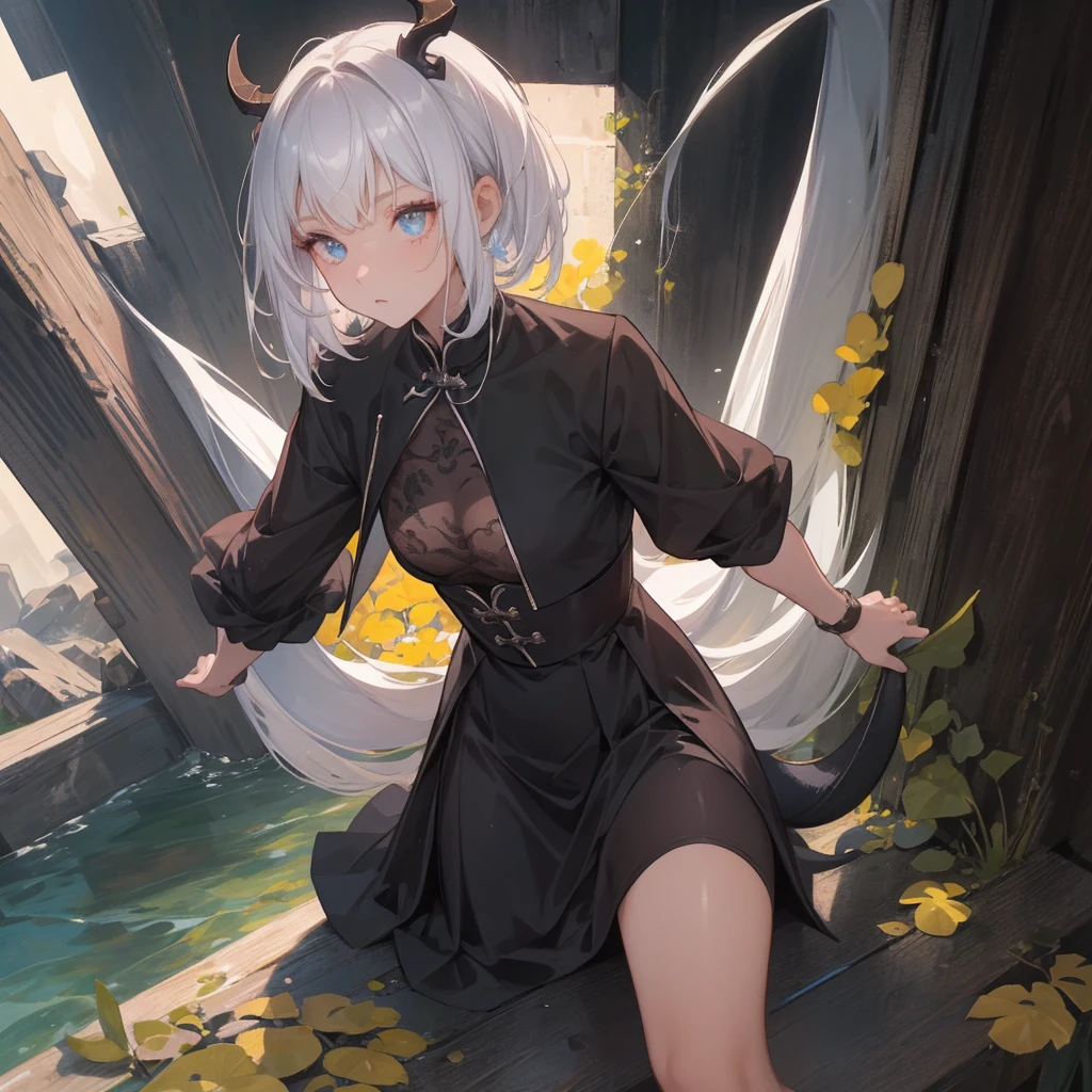 (melhor qualidade: 1.0), (super high res: 1.0), 1girl, personagem extremamente detalhado, detailed hands, Half-dragon girl, chifres, Dragon horns, Girl with black dragon tail, Black dragon tail, Cabelo extremamente detalhado, cabelo curto, ((short hair)), ((cabelos brancos)), ((mechas da cor preta)), olhos extremamente detalhados, olho com cores diferentes, Heterocromia, Olho direito de cor branca, Olho esquerdo de cor preta, dragon eyes, 2D, Arte de Anime, ((barnet)), ((corpo inteiro)), standing on her feet, medieval, RPG, pequena, (baixa), (Altura Pequena), peitos pequenos, (adolescente), olhar morto, grim expression, preocupado, look of tiredness, camisa de manga comprida, Black jacket, brincos de estrela + Branco, medieval chinese dress + preto, pantyhose + black + white, salto alto, capa preta