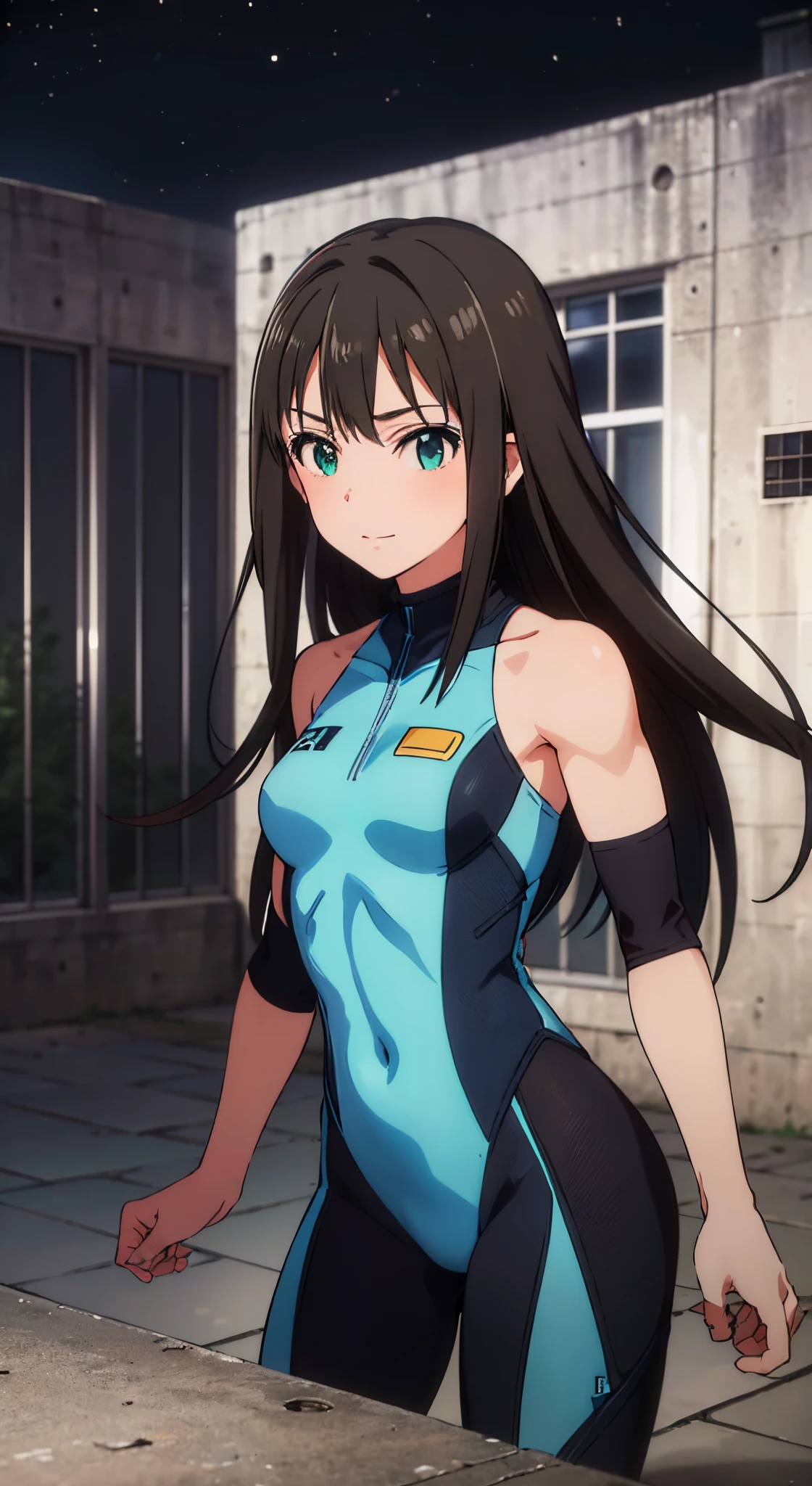 (​masterpiece、top-quality、in 8K、hight resolution:1.2)、Alone、1girl in、 Rin Shibuya、taut clothes、cowboy  shot、Look at viewers、A slight smil、Hero Suit、body suit、tight suits、battle posture、Trained abs、Trained biceps、(Buildings:1.2)、nighttime scene