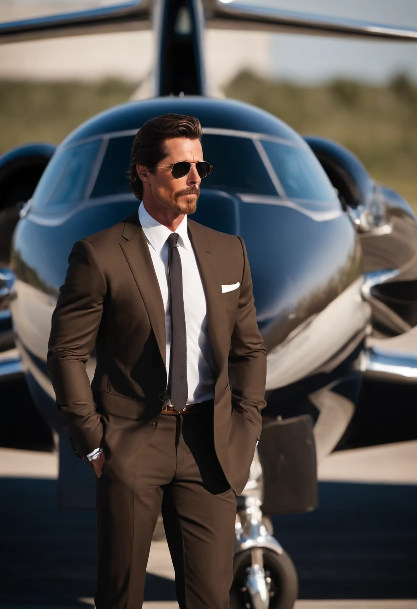 A private jet parked on a private runway,original,tall, muscular, well groomed with short stylish hair. always wearing designer business suits. looks like christian bale, male