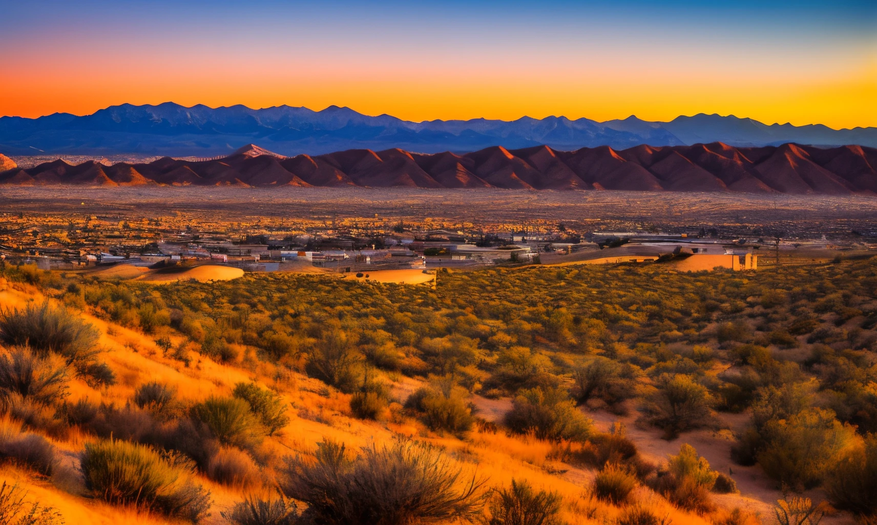Pueblo city mountains sunset desert
