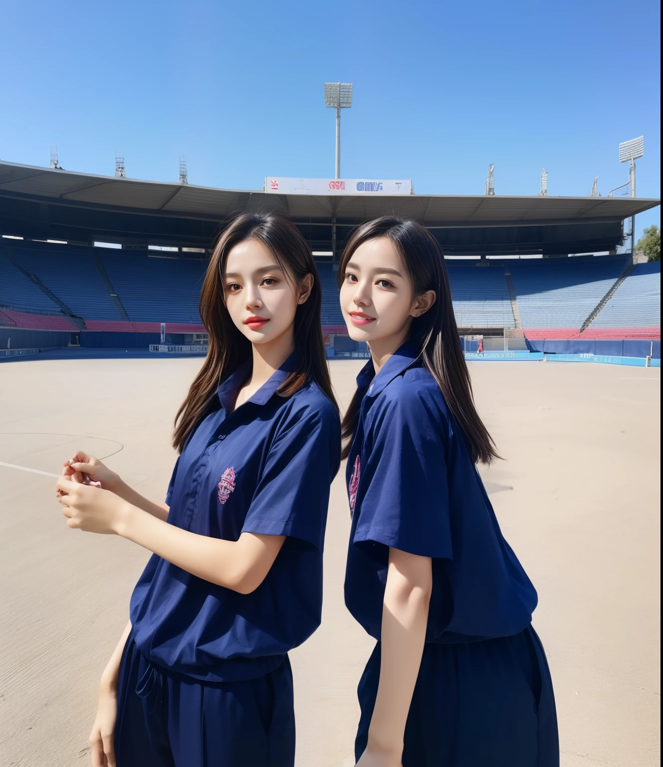 (bestquality,10,10,highres,masterpiece:1.2),ultra-detail,(Realistic,photorealistic portrait,photo-realistic:1.37),1 Cute girl in the football field,oily shiny skin,bara,light smile,BDclothes,((blue shirt:1.3)),short sleeves,shirt, trousers.,(navy_long_Pants Track:1.1), ((Stadium Background:1.3)),dynamic angle,excited,face focus,Dynamic Poses,from behide,Ass Focus,masterpiece, bestquality, ultra realistic, hyper-detail, 8k resolution, RAW photo, crisp focus, ((Navy blue shirt:1.1)), short sleeves, Long Path, Perfect body, 2 mature women, 18yo, cinematic light,Blue sweatpants,Gymware,Correct anatomy,Complete body, Correct body, sharp face, Anatomically correct body, full entire body, Realistic gestures, long-haired, Realistic poses,Wear long shorts.......................,Long leg span,Shapely,Sculpting Girl, Slender Figure, mannequin mannequins, Shapely, Beautiful body,Blue sweatpants, Two girls kissing