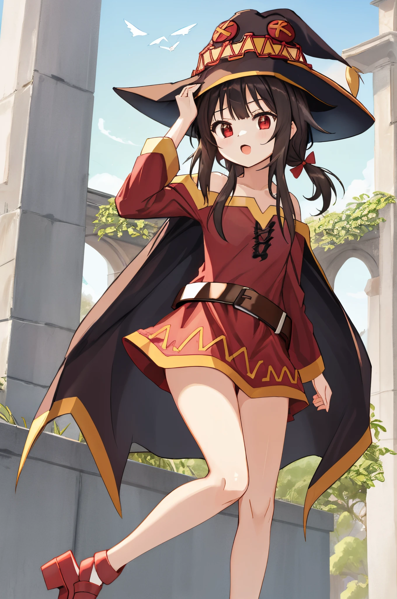 Megumin, Crazy Wizard, 1 Girl, Solo, Witch Hat, Brown Hair, Long Short Hair, Red Eyes, Blush, Evil Smile, Black Choker, Clavicle, Flat Chest, Off-Shoulder Dress, Red Dress, Brown Cloak, Long Sleeves, Black Gloves, Fingerless Gloves, Brown Belt, Gold Trim, (Asymmetrical legs: 1.4), unmatched legwear, (bandaged legs: 1.3), black thighs, (arms behind the back: 1.3), simple background, high quality, high resolution. ((outdoors)), presenting armpit, nipples