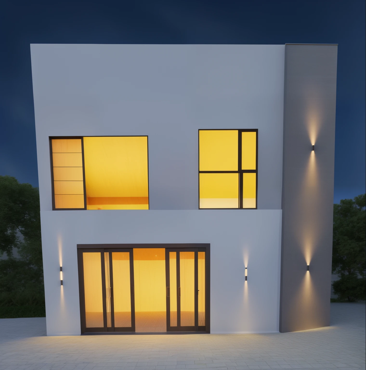 Realistic images, extremely detailed, a modern house,(((1 road in font of house))), large yard made by ceramic, (1 car), brick fence, lawn, a few small flowers, a road in front of the house, main materials of the house are white walls and red brick, Modern design, clear blue sky, sunrise light, light from inside, dynamic light,shimering light, cinematic light, romantic feeling, (((day light, warm light)))