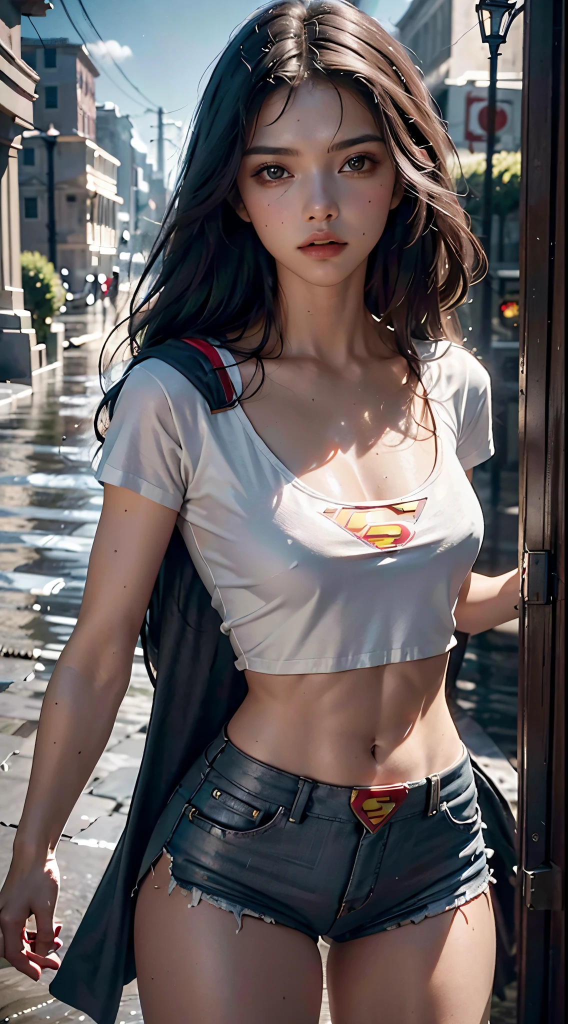 Hermosa mujer con cabello rubio ondulado, Delicados y encantadores ojos azules, muesca del muslo, piernas largas y sexys, T-shirt in small shorts with Superman letter S, Lindo cyberpunk futurista + Ciudad, niebla, humid, lluvia, Obra maestra de mejor calidad, realista, Detallado, 8k, HDR, poca profundidad de campo, Luz amplia, alto contraste, Luz de fondo, Flooding, Flash, chromatic abberation,  foco nítido, Foto en color RAW, superman S symbol on the chest.superman logo ,