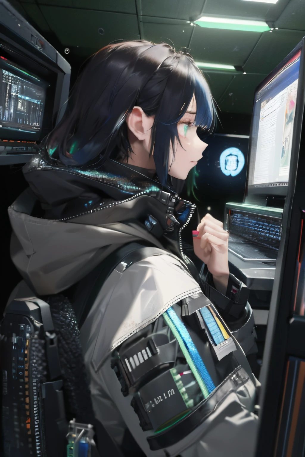(absurderes,A high resolution,ultra - detailed),1girl,独奏,Extremely detailed eyes,Colorful,Most detailed,looking at viewert,独奏,(full bodyesbian:0.6),detailed back ground,详细的脸,Evil high-tech futuristic hacker,advanced technologies,hoody,techwear,wearable device,Key cards,electronic product,(Holographic Display:1.05),Access is denied,the number,computers,Server room in the background,green light,stealth,Dark and sinister atmosphere,shadowing,
