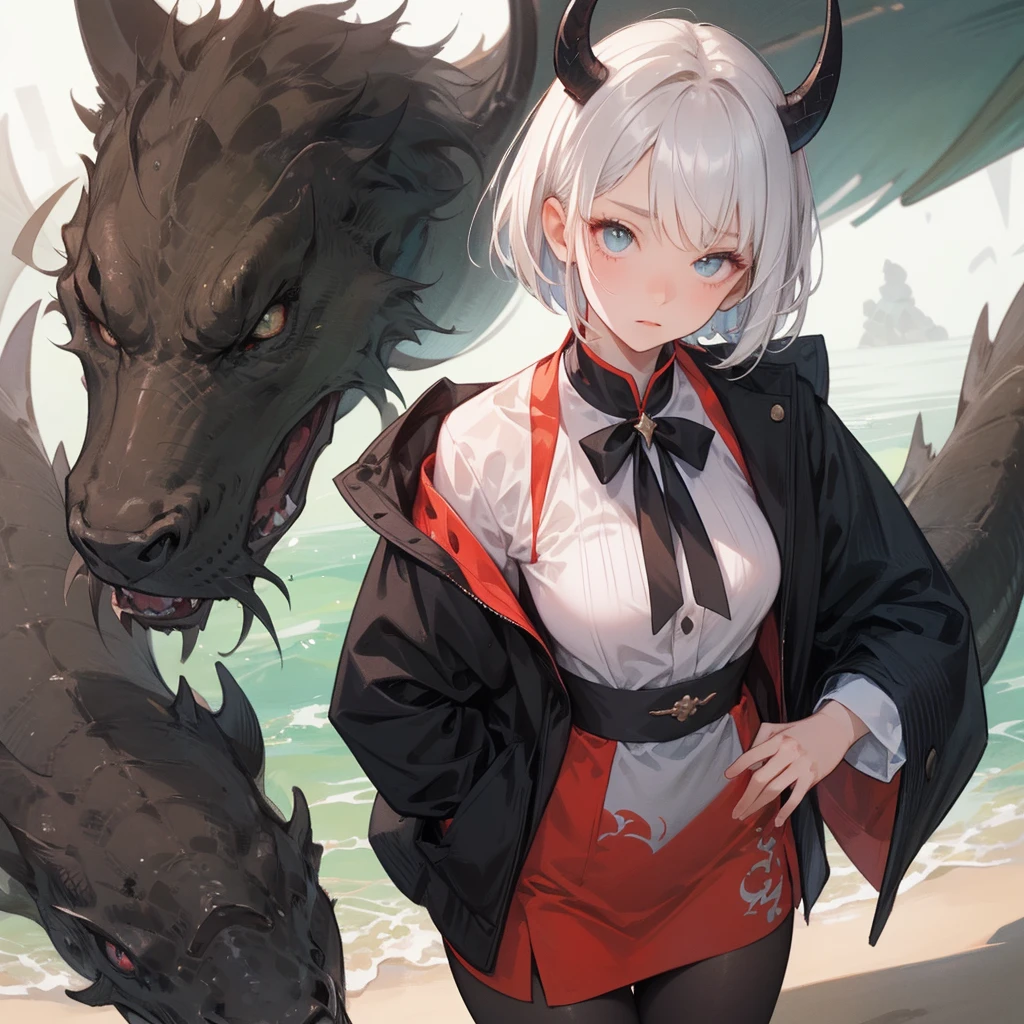 (melhor qualidade: 1.0), (super high res: 1.0), 1girl, personagem extremamente detalhado, detailed hands, Half-dragon girl, chifres, Dragon horns, Girl with black dragon tail, Black dragon tail, Cabelo extremamente detalhado, cabelo curto, ((short hair)), ((cabelos brancos)), ((mechas da cor preta)), olhos extremamente detalhados, olho com cores diferentes, Heterocromia, Olho direito de cor branca, Olho esquerdo de cor preta, dragon eyes, 2D, Arte de Anime, ((barnet)), ((corpo inteiro)), standing on her feet, medieval, RPG, pequena, (baixa), (Altura Pequena), peitos pequenos, (adolescente), olhar morto, grim expression, preocupado, look of tiredness, camisa de manga comprida, Black jacket, brincos de estrela + Branco, medieval chinese dress + preto, pantyhose + black + white, salto alto, capa preta, cajado preto