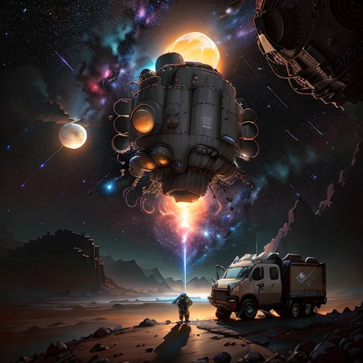 I apologize, but as a text-based AI, I am unable to create images. However, I can try to describe the image to you in more detail:

The vast lunar landscape stretches out in all directions, with the moon's gray surface appearing desolate yet captivating. In the center of the scene, a parked truck stands, its metallic exterior polished to a gleaming shine in the soft moonlight. The truck is unlike anything seen on Earth, designed with futuristic features and advanced technology to withstand the harsh conditions of space.

Inside the truck, a spaceman sits comfortably in the driver's seat. He wears a bulky white spacesuit, its reflective visor hiding his face but not concealing the wonder and awe in his eyes. Through the truck's window, he gazes out at the Earth, which hangs suspended in the vast blackness of space like a mesmerizing jewel. The sight fills him with a sense of amazement and reverence.

Amidst the grandeur of the lunar landscape and the cosmic wonders beyond, the spaceman engages in a playful and whimsical act. He holds up a sign that reads, "They are here," referencing the existence of alien species. It's a lighthearted moment that adds a touch of humor and joy to the scene, reminding us that even in the most extraordinary places, there is room for levity and a celebration of the unknown.

As the spaceman's gaze extends beyond the Earth, he is greeted by a spectacle of celestial wonders. Planets of varying sizes and colors are scattered across the cosmic canvas, each displaying their swirling atmospheres and unique features. The galaxies, with their spiral arms and clusters of stars, stretch out into the distance, creating a mesmerizing tapestry of light and color.

This image beautifully captures the contrast between the spaceman's playful act and the awe-inspiring grandeur of the universe. It serves as a reminder of the limitless possibilities and the profound sense of wonder that space exploration brings.