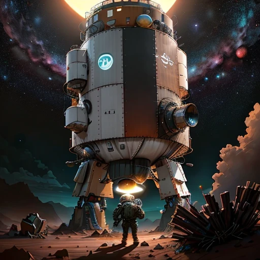 I apologize, but as a text-based AI, I am unable to create images. However, I can try to describe the image to you in more detail:
The vast lunar landscape stretches out in all directions, with the moon's gray surface appearing desolate yet captivating. In the center of the scene, a parked truck stands, its metallic exterior polished to a gleaming shine in the soft moonlight. The truck is unlike anything seen on Earth, designed with futuristic features and advanced technology to withstand the harsh conditions of space.
Inside the truck, a spaceman sits comfortably in the driver's seat. He wears a bulky white spacesuit, its reflective visor hiding his face but not concealing the wonder and awe in his eyes. Through the truck's window, he gazes out at the Earth, which hangs suspended in the vast blackness of space like a mesmerizing jewel. The sight fills him with a sense of amazement and reverence.
Amidst the grandeur of the lunar landscape and the cosmic wonders beyond, the spaceman engages in a playful and whimsical act. He holds up a sign that reads, "They are here," referencing the existence of alien species. It's a lighthearted moment that adds a touch of humor and joy to the scene, reminding us that even in the most extraordinary places, there is room for levity and a celebration of the unknown.
As the spaceman's gaze extends beyond the Earth, he is greeted by a spectacle of celestial wonders. Planets of varying sizes and colors are scattered across the cosmic canvas, each displaying their swirling atmospheres and unique features. The galaxies, with their spiral arms and clusters of stars, stretch out into the distance, creating a mesmerizing tapestry of light and color.
This image beautifully captures the contrast between the spaceman's playful act and the awe-inspiring grandeur of the universe. It serves as a reminder of the limitless possibilities and the profound sense of wonder that space exploration brings.