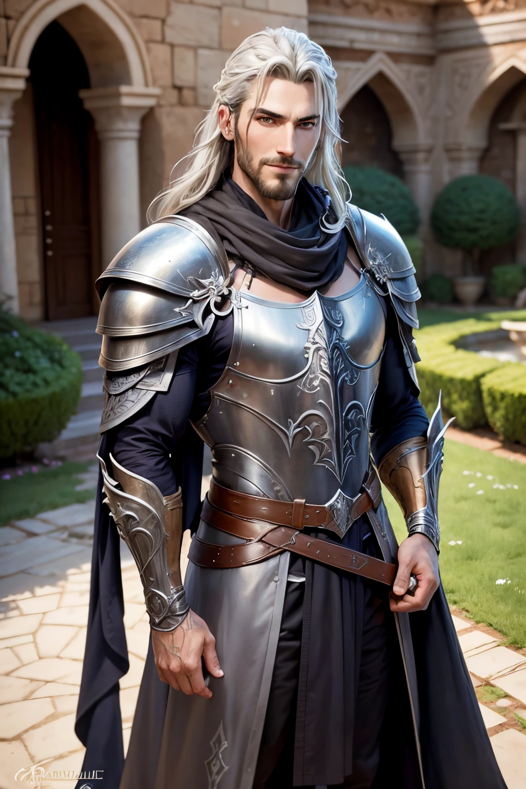 Background is the Garden, 1 men, Style argile grise,(Masterpiece, Best quality), niveaux de gris,zbxr, Castlevania Lord of the shadows muscular full moroccan Armor leather Armor , yeux blancs, Whitebeard, The smiling face narrowed his eyes, Posting