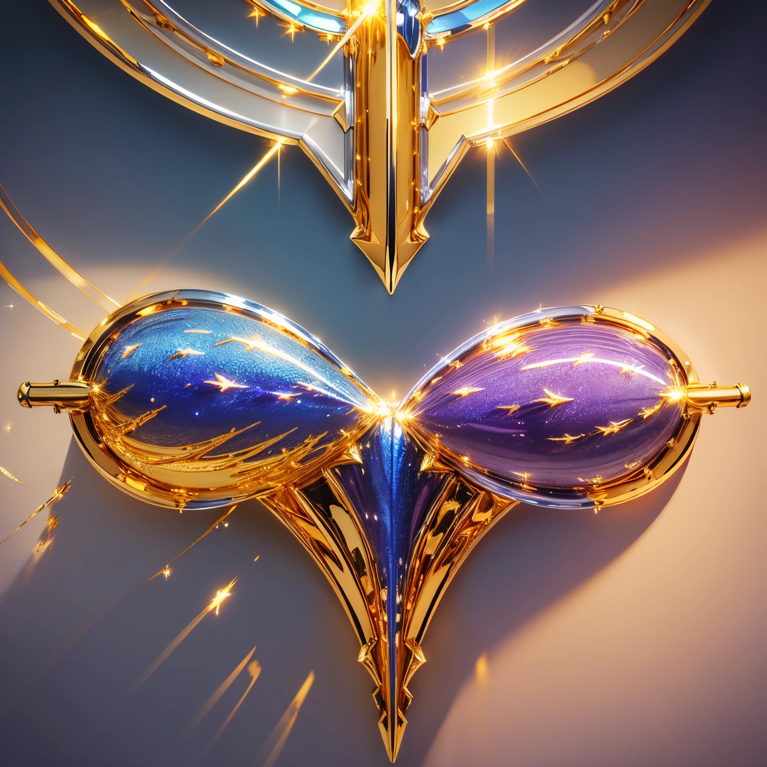 super high quality, 8k, RAW photo, realistic, detailed and delicate depiction and flashy and dynamic painting method, painting hung in a dimly lit room, light up in an artistic blue-purple color, (prop shiny gold plated and shiny silver plated:1.7), art work