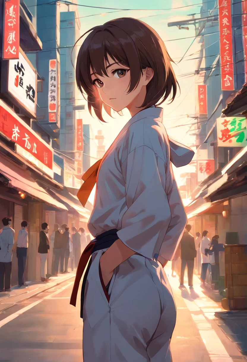 Perfect art with serious expressions by strong karate masters, looking forward, A dark-haired, dougi, fingerless gloves, amazing detailed, perfect shadow, perfect eyes, perfect hand and fingers, Women value.long-sleeve,long trousers、Karate techniques、White Karate Uniform、Black belt