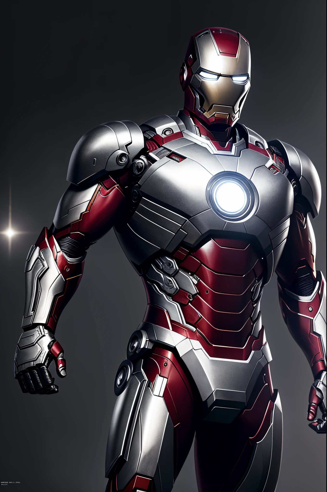 (8k, RAW photo, best quality, masterpiece: 1.2), ultra detailed, authorial art, photo-realistic: 1.37, upper body shot, ((uniform exclusively black and silver: 1.2)), model, marvel iron man, film grain, action pose, a perfect face, 40 years, intricate details, diffused light, by Marvel