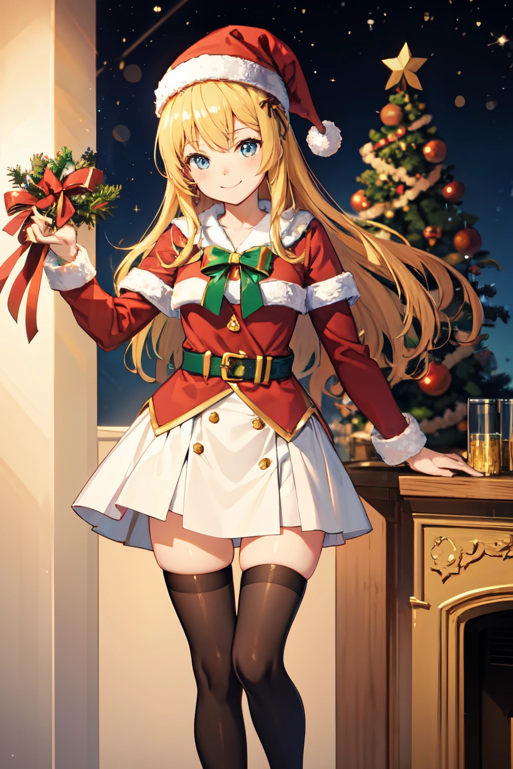 Anime beauty, standing, smiling, stockings, Christmas tree, bright, Christmas atmosphere, golden hair, ((Highest quality))