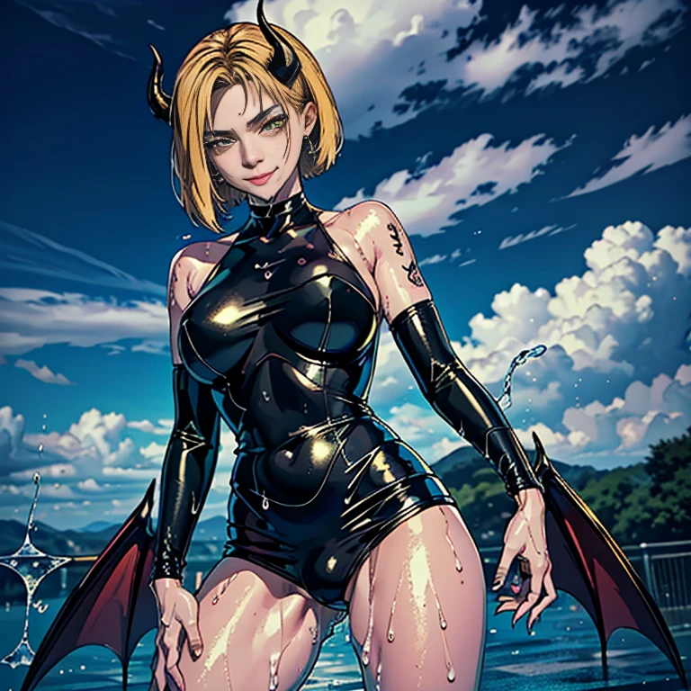 hermaphrodite, Androgynous succubus, (Wearing Japanese high school uniform :1.1), (Erection - bulge only in the crotch:1.5 , Feminine physique、Feminine face), (Seductive facial expressions,Poses to seduce) Wet hair, wet costume, (drenched in cloudy liquid:1.5), (8K High Resolution, high-level image quality、high-detail, Wallpaper ), (Perfect face),(liquid-like costume,melted:1.2, Transparent:1.3)、Golden Eyes、(perfect arms, Perfect legs, Perfect fingers, Perfect Anatomy:1.2)、Dynamic Pose, Bewitching smile、long claws、piercings、The tattoo、Ruthless smile、Demon Horns、tusk(Hair color variations、Changes in skin color)、Make your wishes come true
