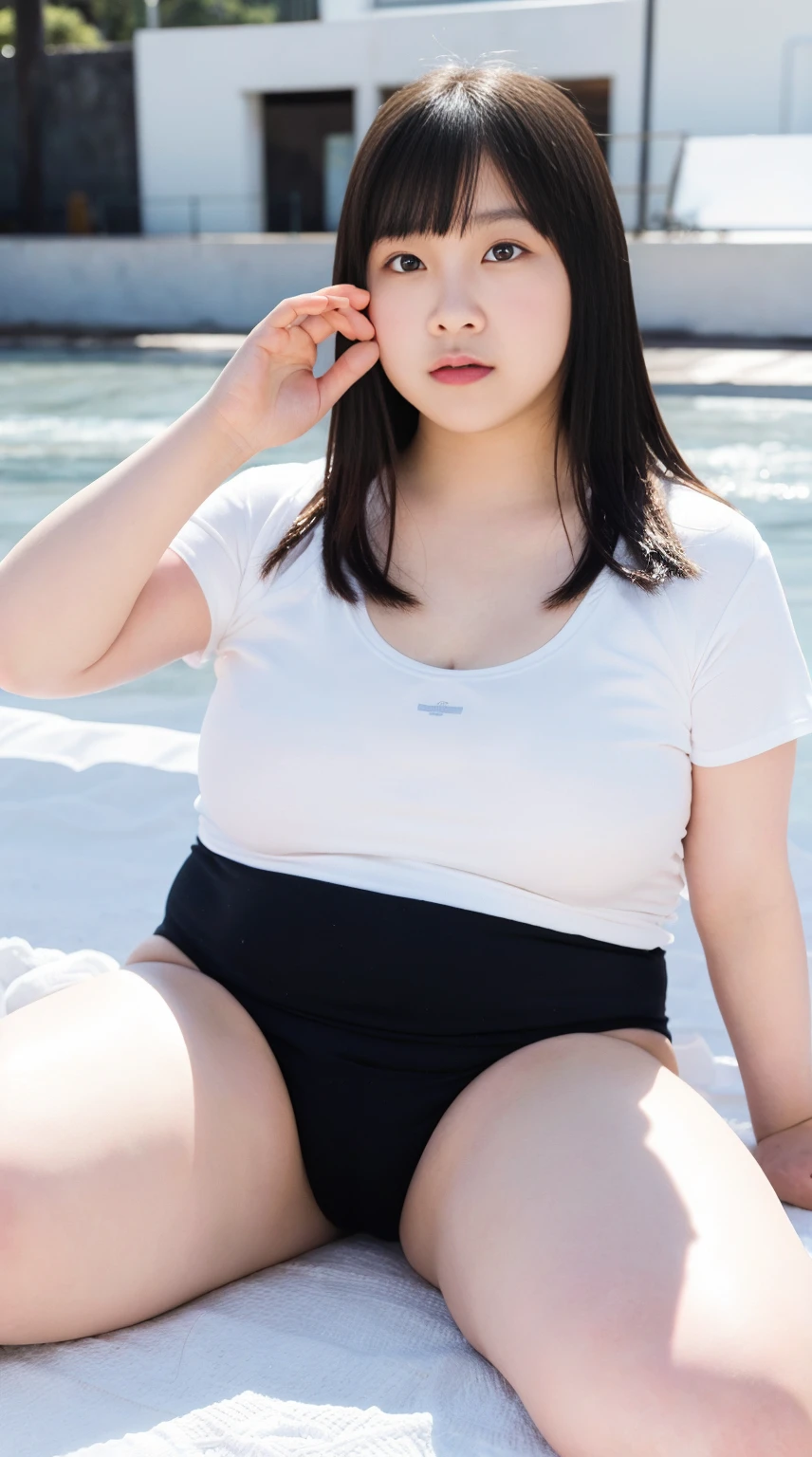 1 Japanese girl,White skin,Sweat,((fat)),((fat face)),(Japanese girl,White skin,Sweat,(fat),((Big Beautiful Woman)),(over 250kg),Very realistic,Seaside,(Black School swimsuit),(Spread legs),