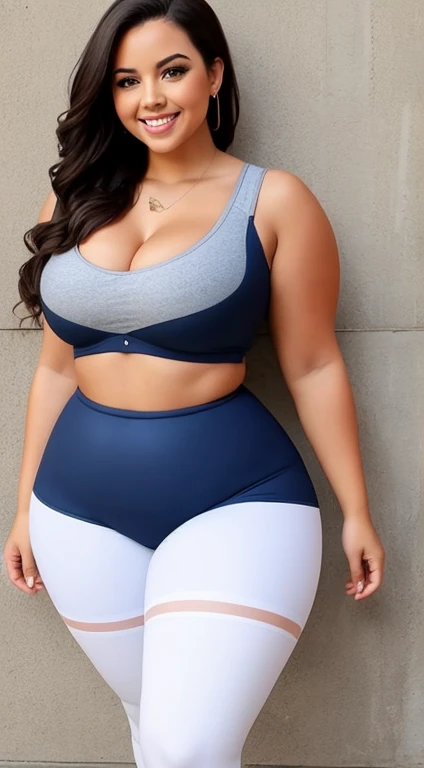 beautiful girl, curvy body, medium breasts, big thighs, chubby , wearing trendy tight clothes, wearing sexy short tights, smiling sweetly