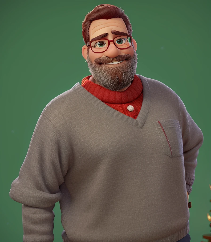 homem estilo Disney pixar com gorro de papai Noel sem barba, Red wool sweater with Christmas tree design, background of a room with a fireplace with fire and christmas tree