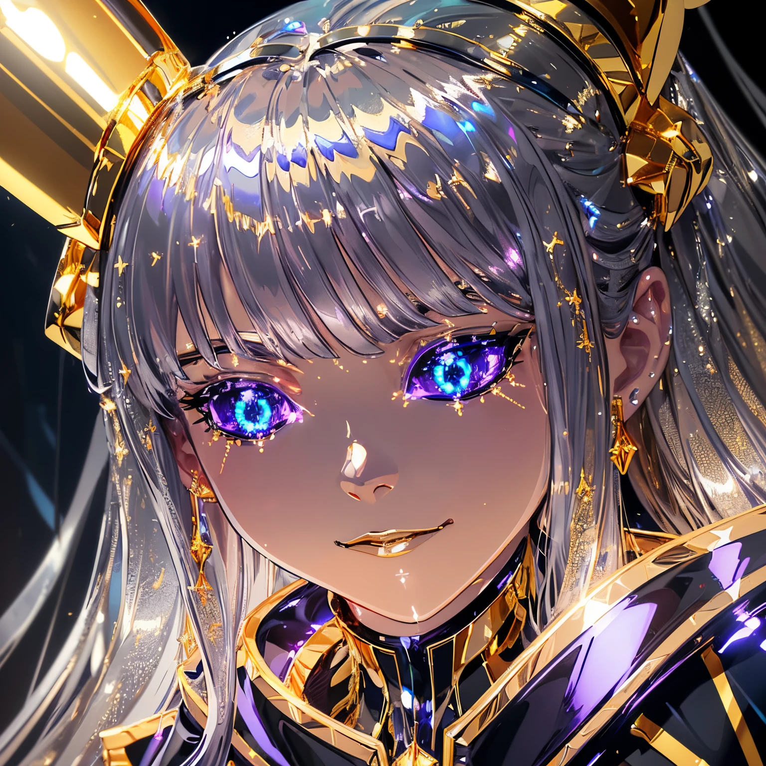 super high quality, 8k, RAW photo, realistic, detailed and delicate depiction and flashy and dynamic painting method, black light art, painting hung in a dimly lit room, light up in an artistic blue-purple color, (prop shiny gold plated and shiny silver plated:1.7), art work, dark room