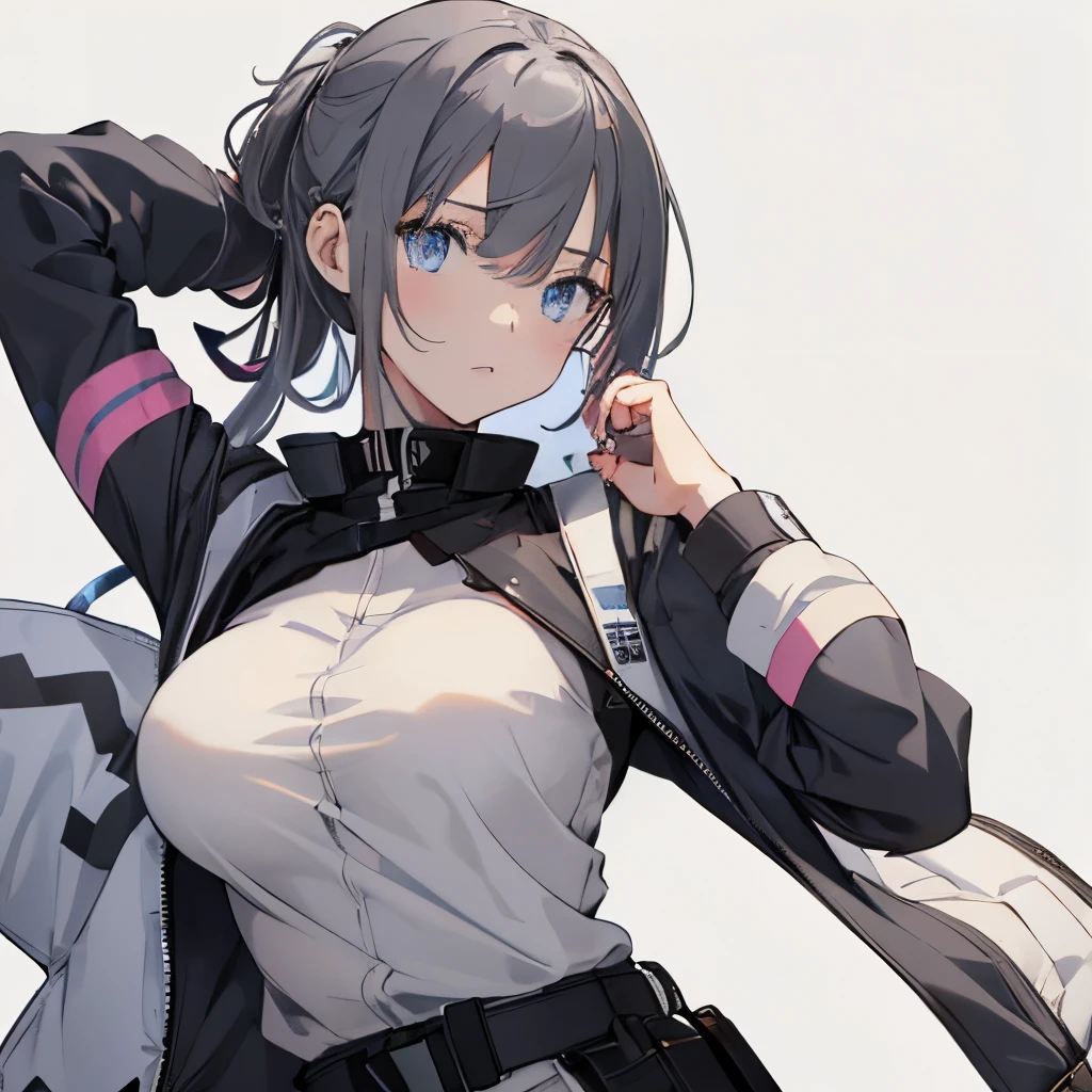 (masutepiece:1.2, Best Quality), 1 girl in, blue eyes, jet-black hair, pink inner hair, military Jacket,(Gray white background:1.7),full body,big breast,