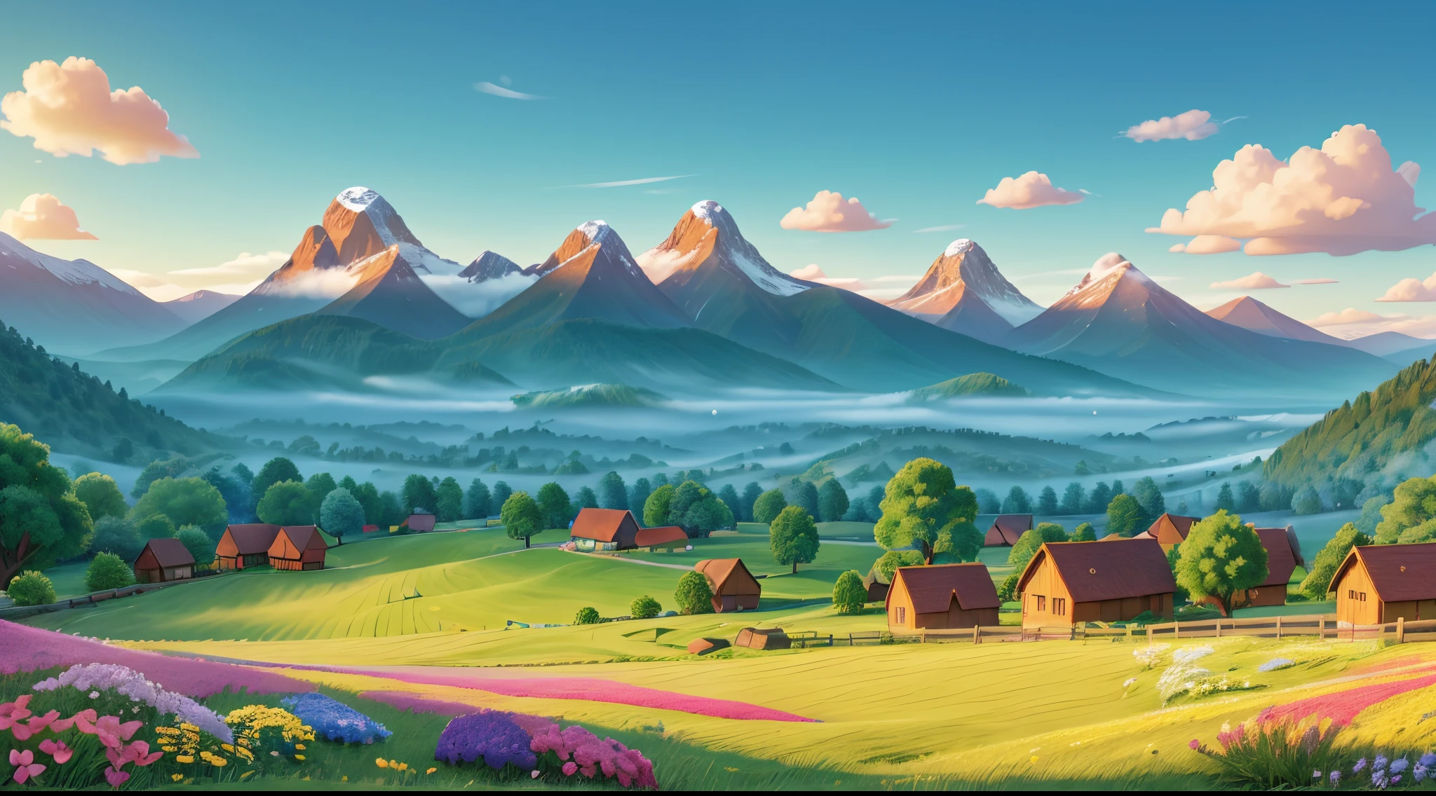 High-res, vivid blue sky landscape, Pixar-style (best quality, 4k), happy scene, with incredibly detailed clouds, lush green meadows, and majestic mountains in the backdrop. The scene showcases a serene and peaceful environment, with soft sunlight casting a warm glow on the picturesque surroundings. The colors are vibrant and lively, giving the artwork a cheerful and uplifting atmosphere. The clouds are beautifully rendered, with every wisp of mist and every fluffy shape meticulously crafted. The landscape features rolling hills covered in vibrant green grass, dotted with colorful flowers. In the distance, towering mountains with snow-capped peaks provide a sense of grandeur and majesty. The style of the artwork is reminiscent of Pixar animations, with a touch of whimsy and playfulness. The composition and lighting are carefully designed to evoke a sense of joy and wonder. Overall, the artwork captures the beauty of nature and fills the viewer with happiness and tranquility.