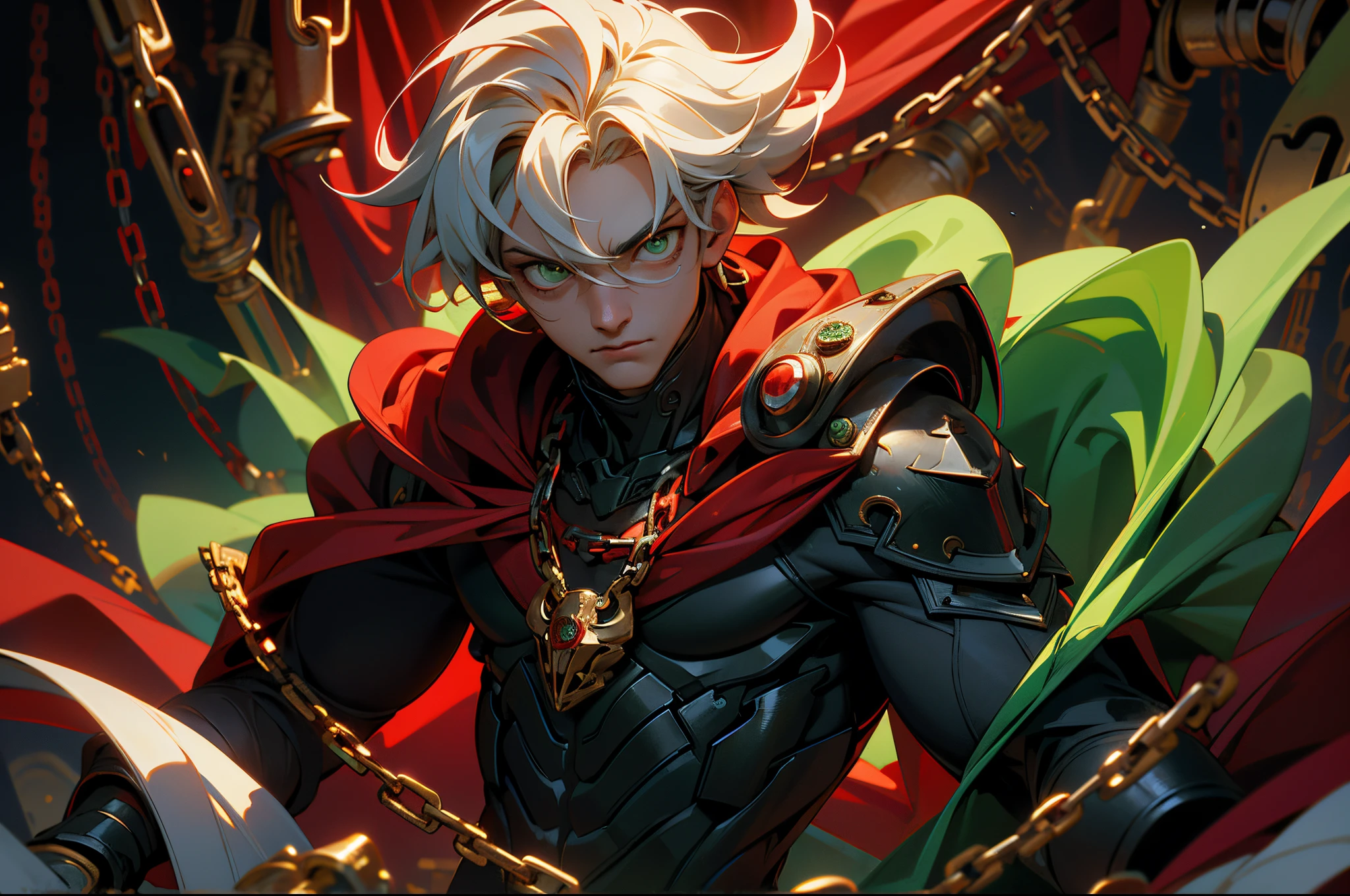 (masterpiece: 1.2, best quality: 1.2), ((masterpiece)), (((best quality))), ((ultra-detailed)), ((illustration)), (1 man, man, alone), (GENERATE, red cape, Chains, green eyes), mask, White marks, full black suit, broad shoulders, chaos, ((Hell, underworld)), fisheye lens