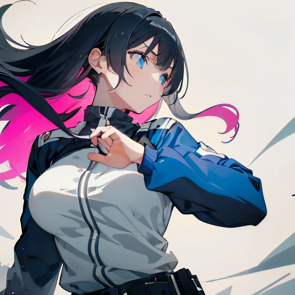 (masutepiece:1.2, Best Quality), 1 girl in, blue eyes, jet-black hair, pink inner hair, Jacket,(Gray white background:1.7),full body,big breast,