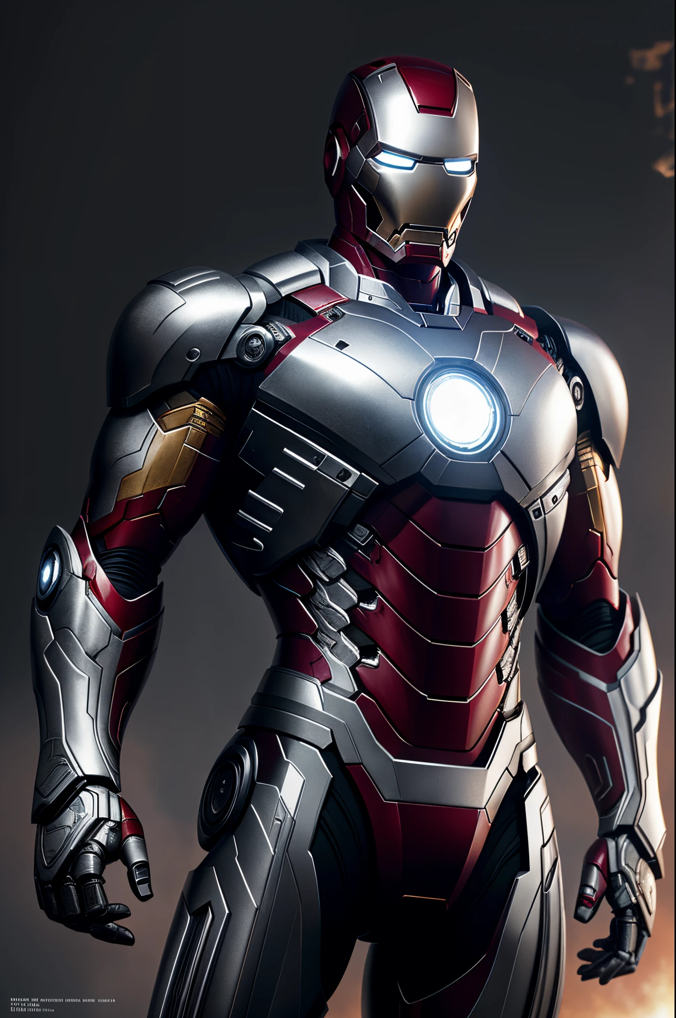 (8k, RAW photo, best quality, masterpiece: 1.2), ultra detailed, authorial art, photo-realistic: 1.37, upper body shot, ((uniform exclusively black and silver: 1.2)), model, marvel iron man, film grain, action pose, a perfect face, 40 years, intricate details, diffused light, by Marvel