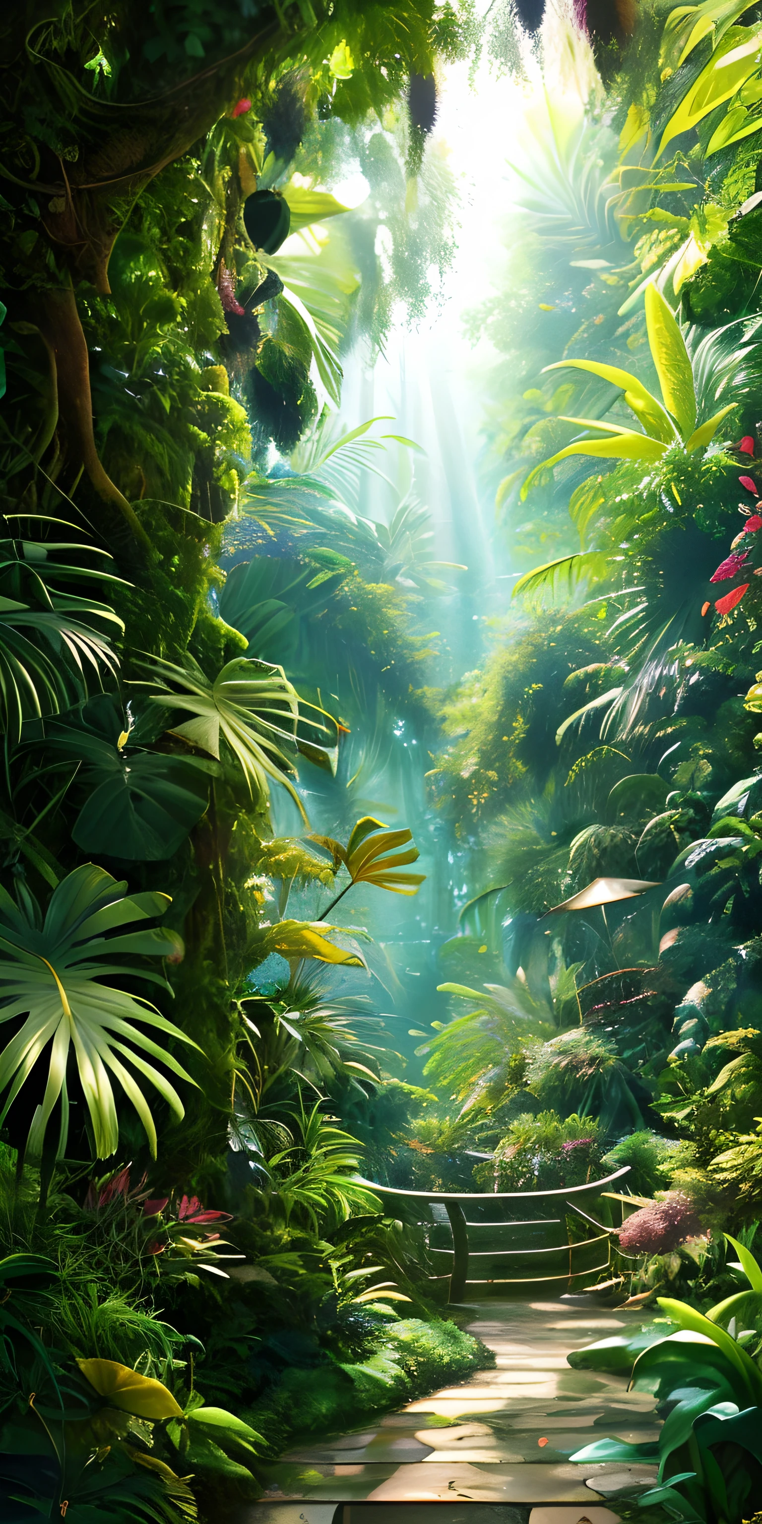 digital illustration, detailed and intricate, The dense jungle is full of exotic plants and animals, Sunlight shines through the canopy，Produces a marbled effect. Dans le style de Yoshitaka Amano et Hayao Miyazaki, Masterpiece, proportionnel, Detailed, Tendance sur ArtStationh, beautiful lighting, Realstic, complexe, Prize awarded, 4K, Highest quality