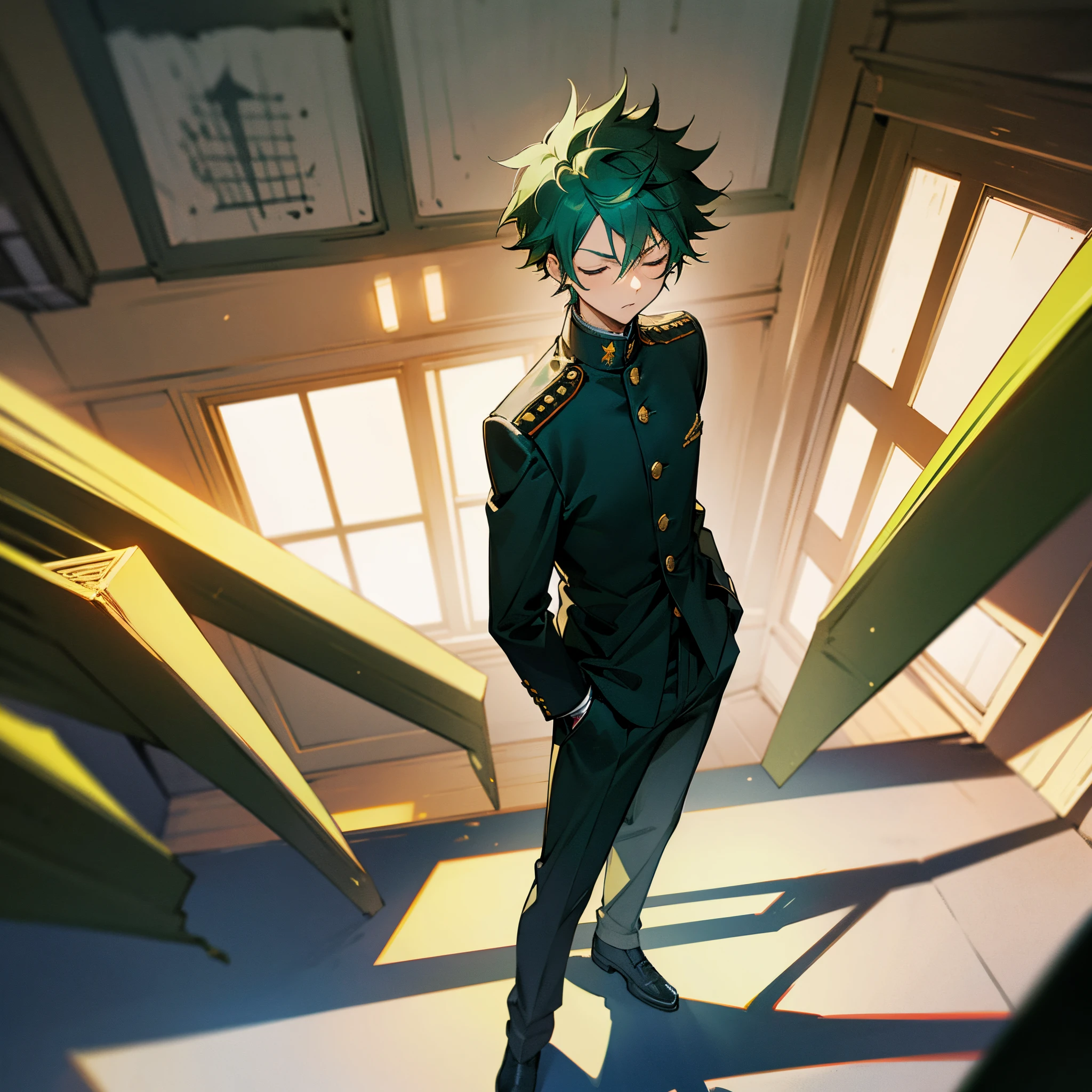 1male, teen, short green messy hair, closed eyes, black gakuran uniform, standing in music classroom, best lighting and shadows, serious expression, teacher