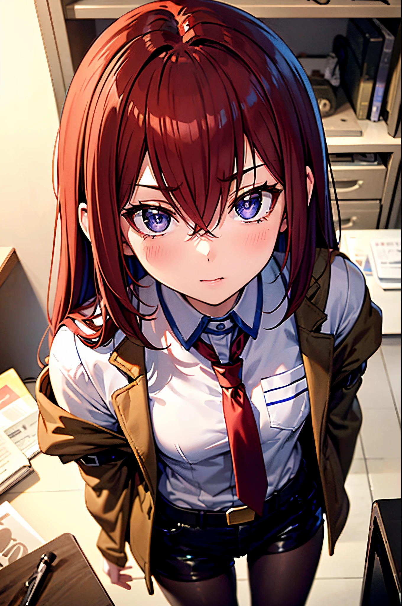 from above, ((masterpiece), (best quality), ultra high res, 1girl, long hair, (red hair:1.5), long hair, eyes visible through hair, bangs, hair between eyes, blue eyes, purple eyes, shorts, pantyhose, jacket, shirt, red necktie, necktie, belt, white shirt, legwear under shorts, brown jacket, short shorts, long sleeves, black pantyhose, room, lab, portrait, looking at the viewer,