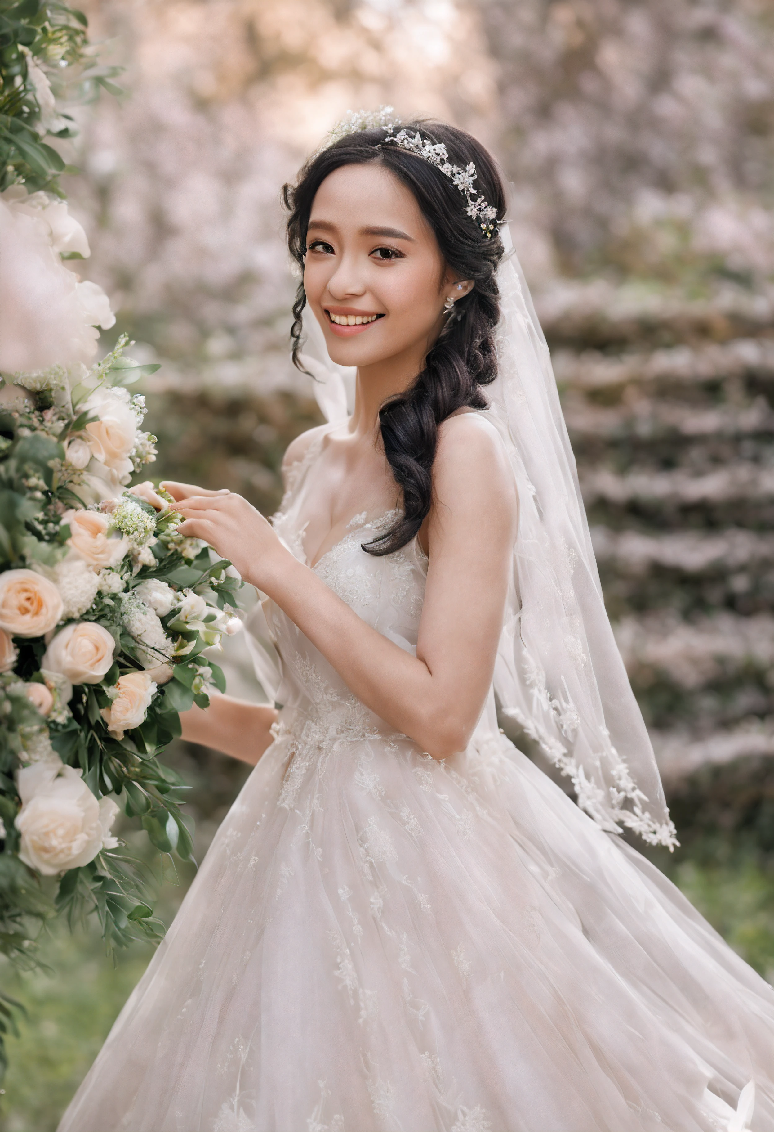 A woman in a wedding dress holding a bouquet of flowers - SeaArt AI