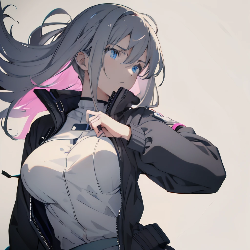 (masutepiece:1.2, Best Quality), 1 girl in, Blue eyes, jet-black hair, Pink inner hair, Jacket,(Gray white background:1.7),Full body,Big Breast,