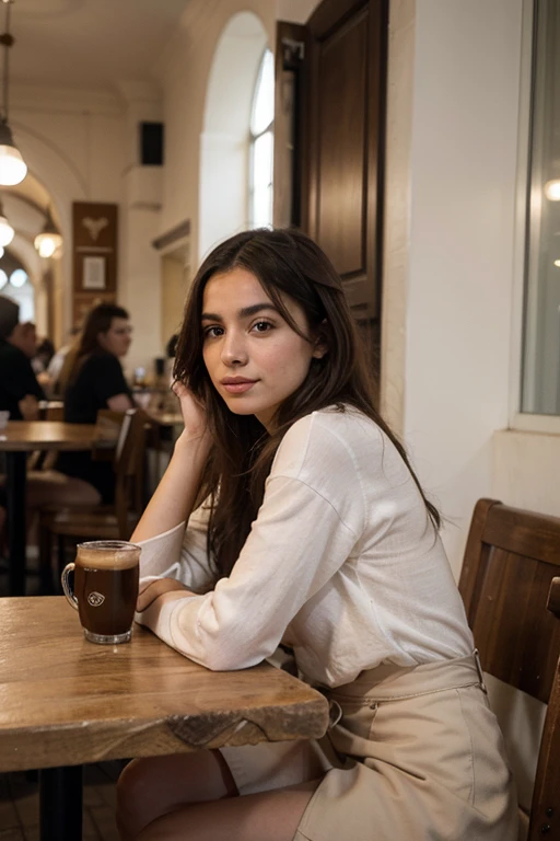 Camila in an Italian cafe: Camila walks into a cozy cafe in Italy and sits near the window. While enjoying a delicious espresso, Watch people pass by on the street and immerse yourself in the lively atmosphere of the place. Aprovecha el momento para escribir en su diario y reflexionar sobre sus experiencias en el extranjero.