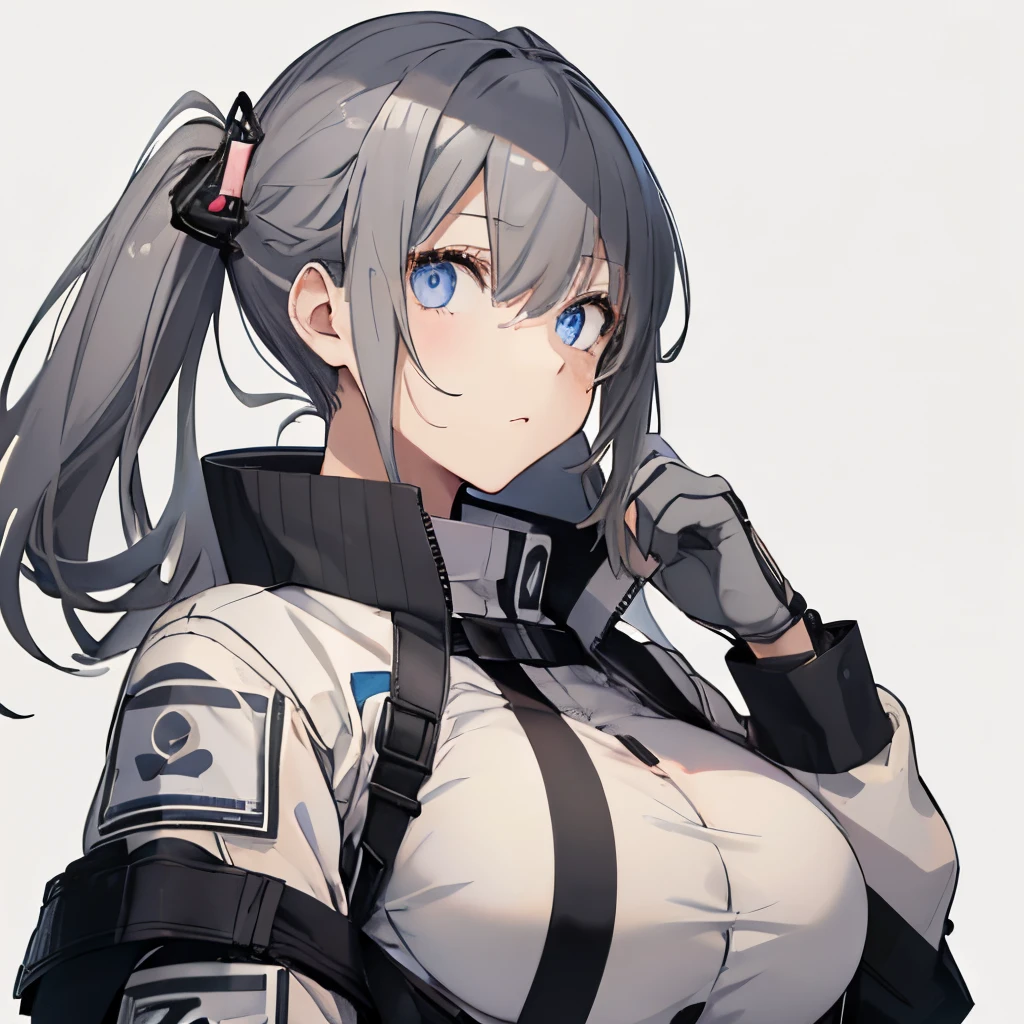 (masutepiece:1.2, Best Quality), 1 girl in, blue eyes, jet-black hair, pink inner hair, military Jacket,(Gray white background:1.7),full body,big breast,