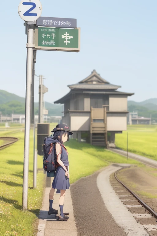 An arafe girl standing on the station platform with a backpack on her back, japan rural travel, Lonely girl waiting for train, by Yasushi Sugiyama, train station in summer, by Kaii Higashiyama, by Maeda Masao, by Hiroshi Honda, Train far away, by Yokoyama Taikan, by Tsubasa Nakai