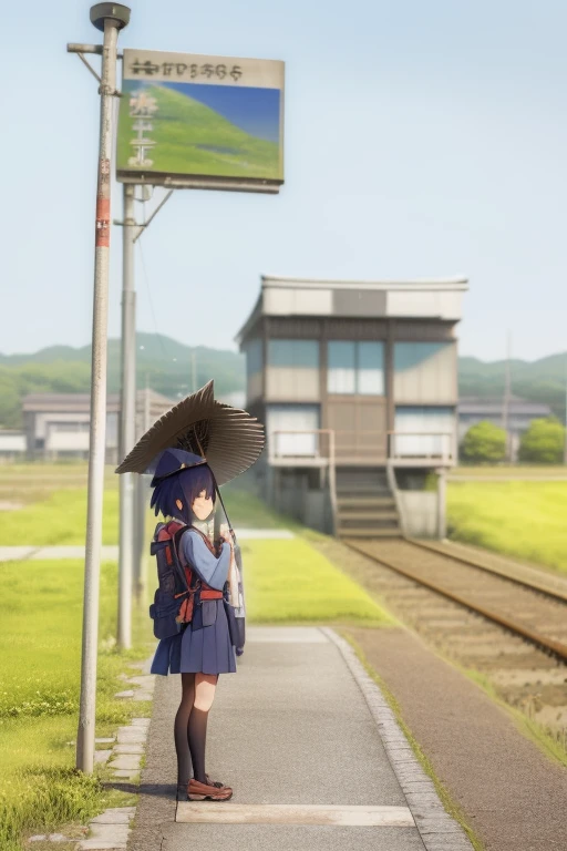 An arafe girl standing on the station platform with a backpack on her back, japan rural travel, Lonely girl waiting for train, by Yasushi Sugiyama, train station in summer, by Kaii Higashiyama, by Maeda Masao, by Hiroshi Honda, Train far away, by Yokoyama Taikan, by Tsubasa Nakai