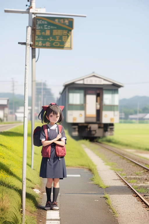 An arafe girl standing on the station platform with a backpack on her back, japan rural travel, Lonely girl waiting for train, by Yasushi Sugiyama, train station in summer, by Kaii Higashiyama, by Maeda Masao, by Hiroshi Honda, Train far away, by Yokoyama Taikan, by Tsubasa Nakai