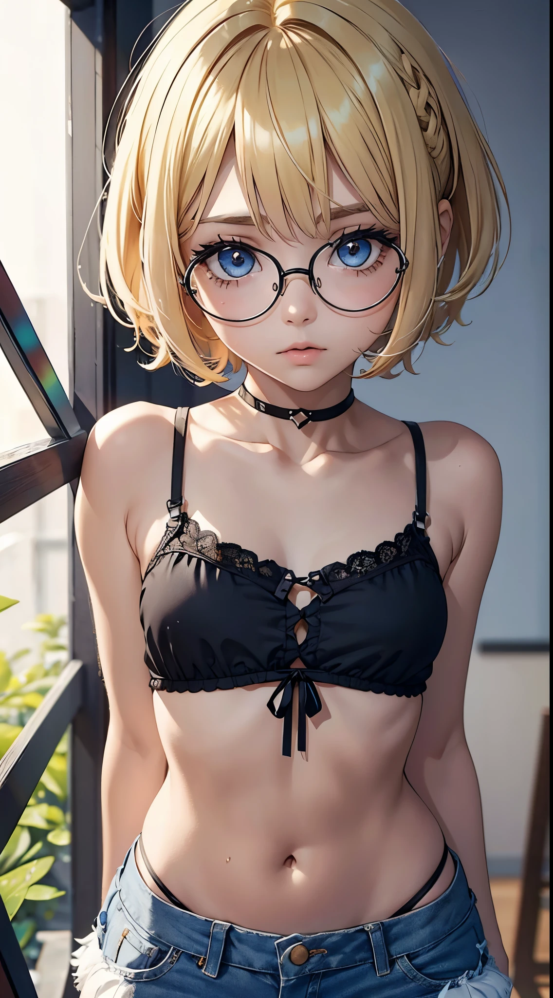 1girl, franja, ombros apertados, Corpo de , Menionde hair, short hair, olhos amarelos, seios, clivagem, boca sensual, seios pequenos, bunda de frente para o espectador, back to screen, sorrir, tenso, micro shorts 1.3, Ultra HD | | | |, Imagem 4k, glasses, character near the camera