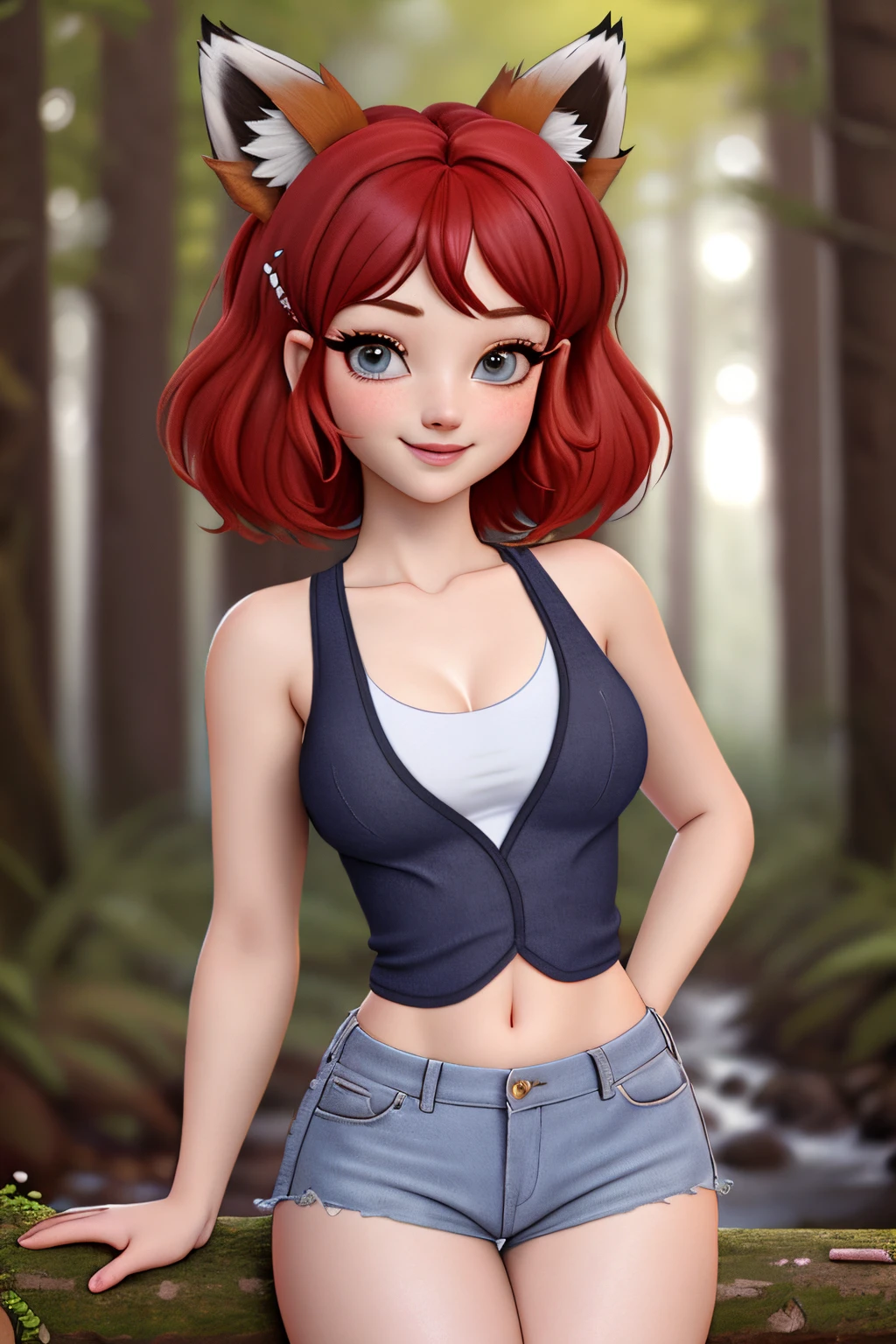 close up 1girl in, teenager, Solo, vibrant red hair, straight red hair, short red hair, light gray eyes, some small freckles, pale skin, medium breasts, cleavage, runners body, (thin hips, thin waist: 1.25), (arched back:1.12), detailed skin, mischievous face, shy smile, revealing clothes, (wearing cropped tank top, blue jean shorts ripped, hair clip: 1.1), looking at viewer, (groping chest: 1.37), touching herself, (dark natural fox ears:1.25), (fox ears only), ears covered by hair, (detailed magical forest background: 1.1), creek, overlooking opening in forest, relaxing, 4k textures, soft light, elegant, highly detailed, sharp focus, soothing tones, insane details, intricate details, hyperdetailed, low contrast, exposure blend, hdr, faded
